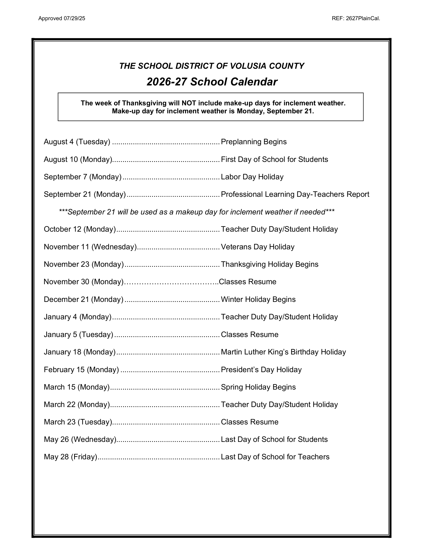 The School District of Volusia County Calendar 26-27 Revised