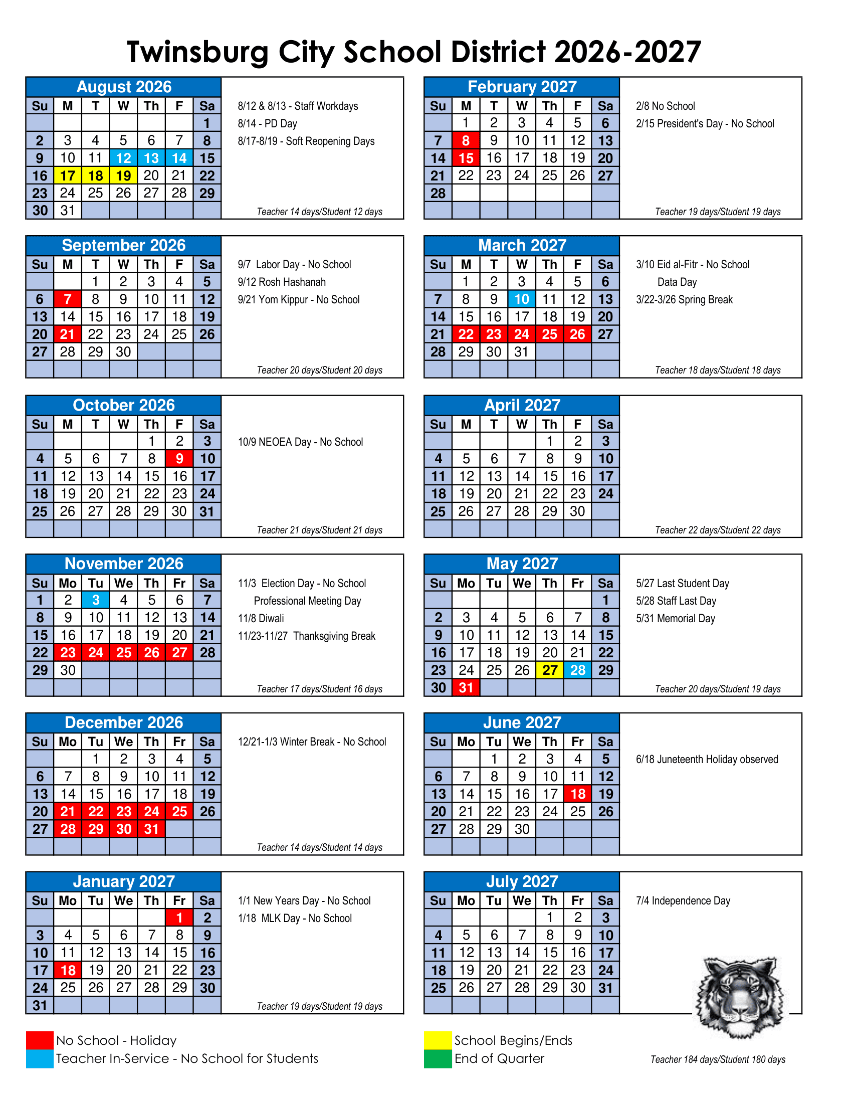 Twinsburg City School District Calendar 26-27 Revised
