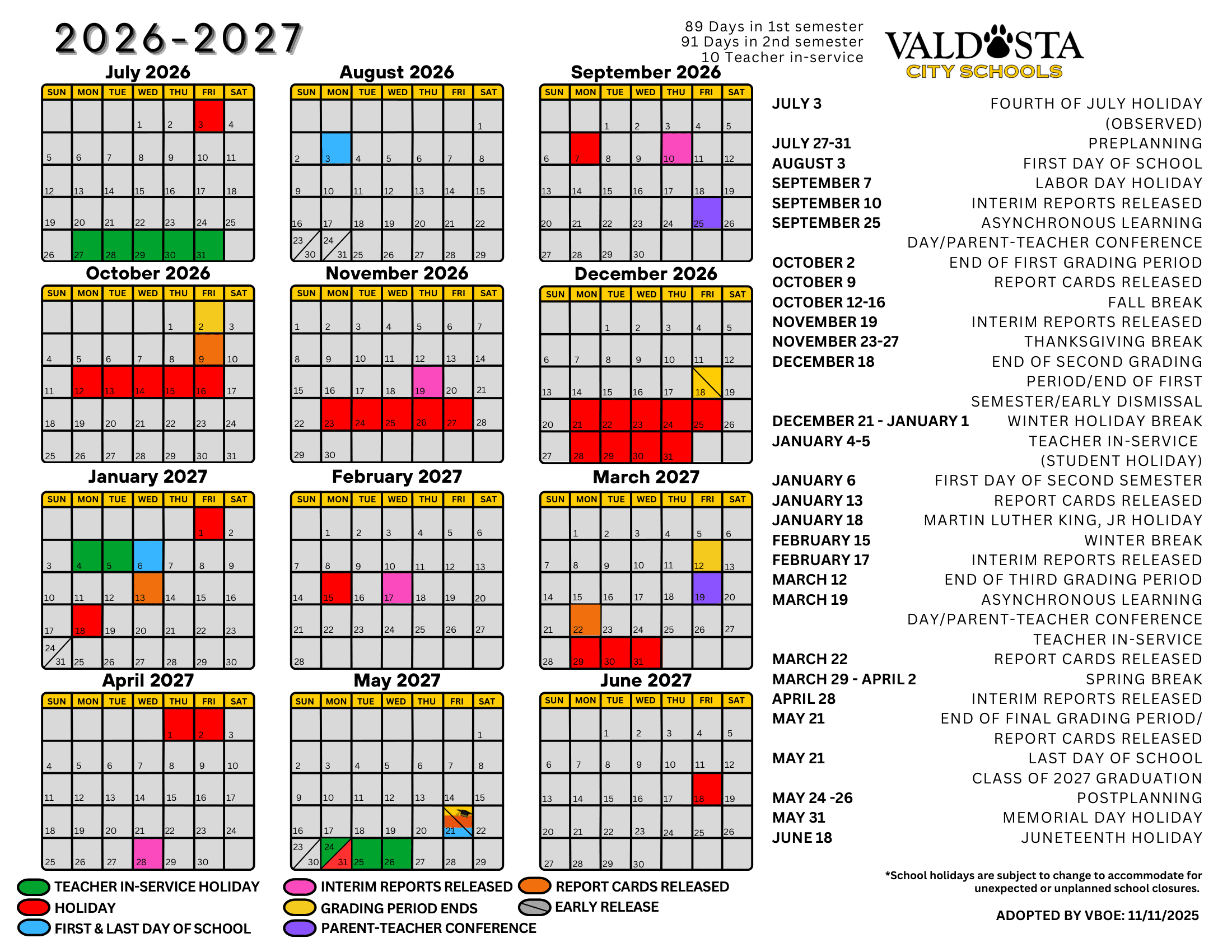 Valdosta City Schools Calendar 26-27 Revised