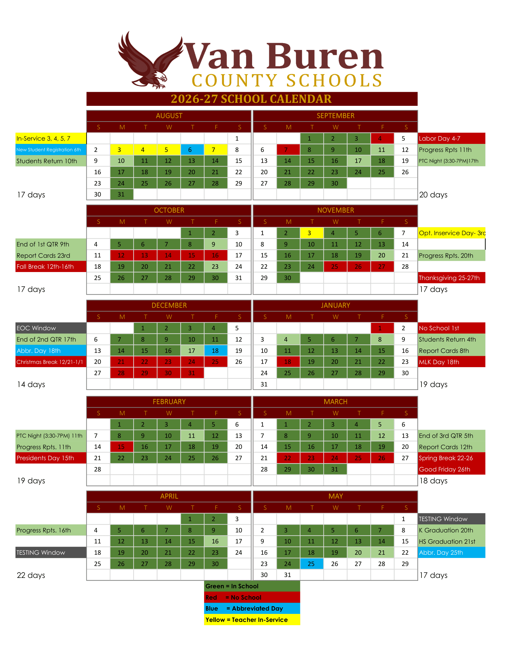 Van Buren County Schools Calendar 26-27 Rev V1