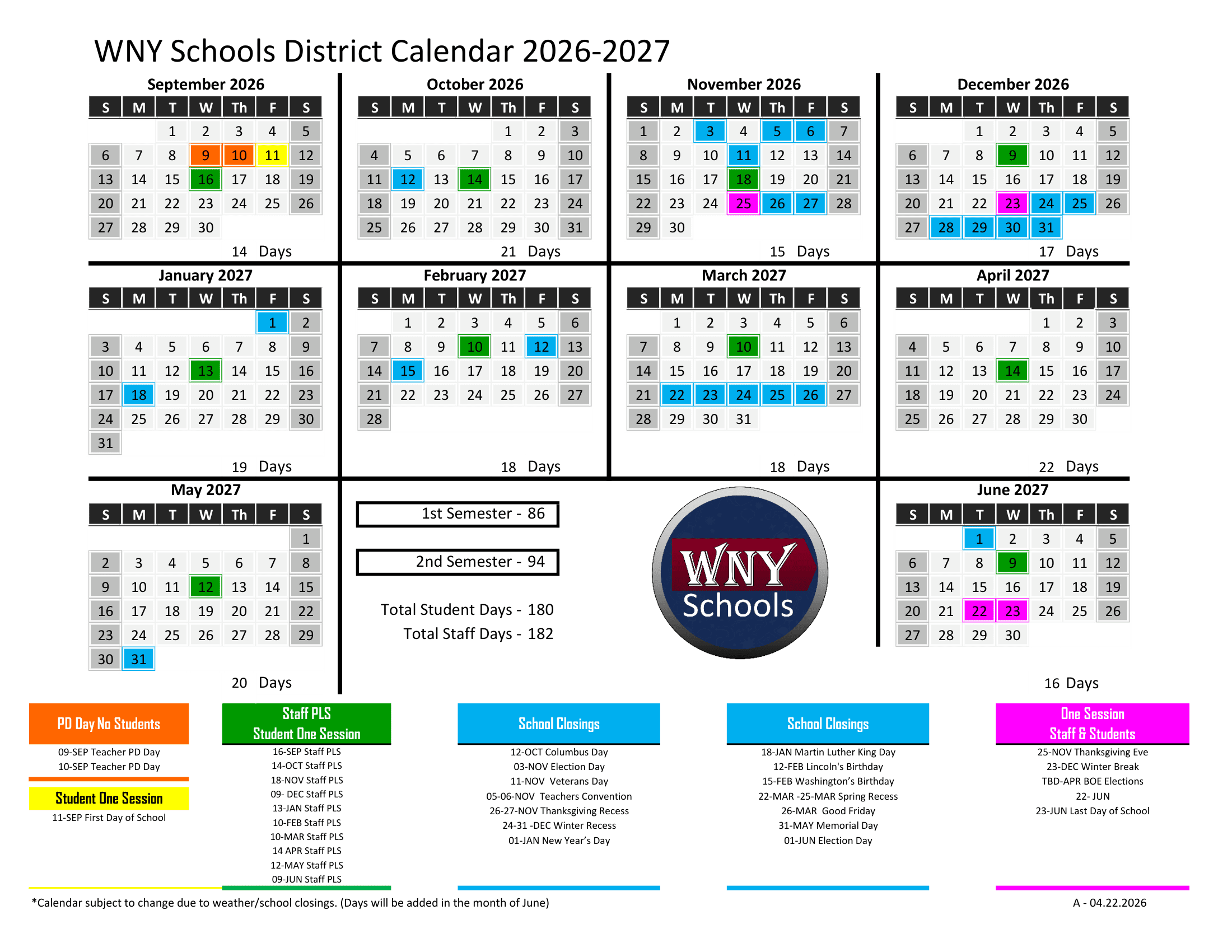 WNY Schools District Calendar 26-27 PDF