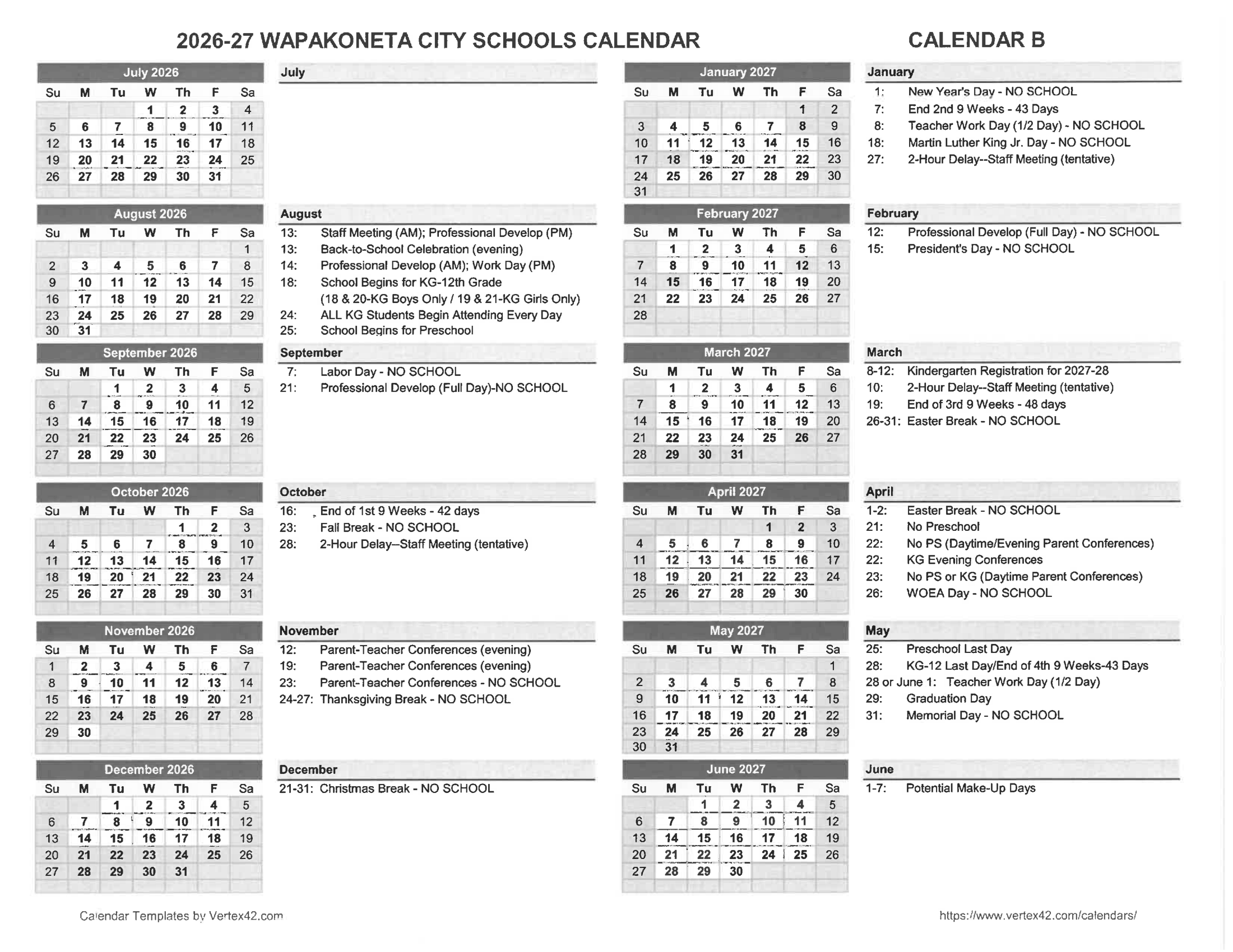 Wapakoneta City Schools Calendar 26-27 Revised