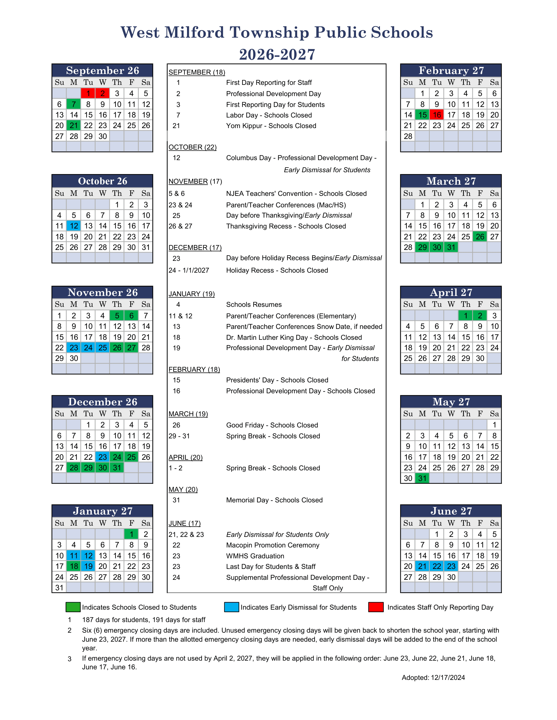 West Milford Township Public Schools Calendar 26-27 PDF