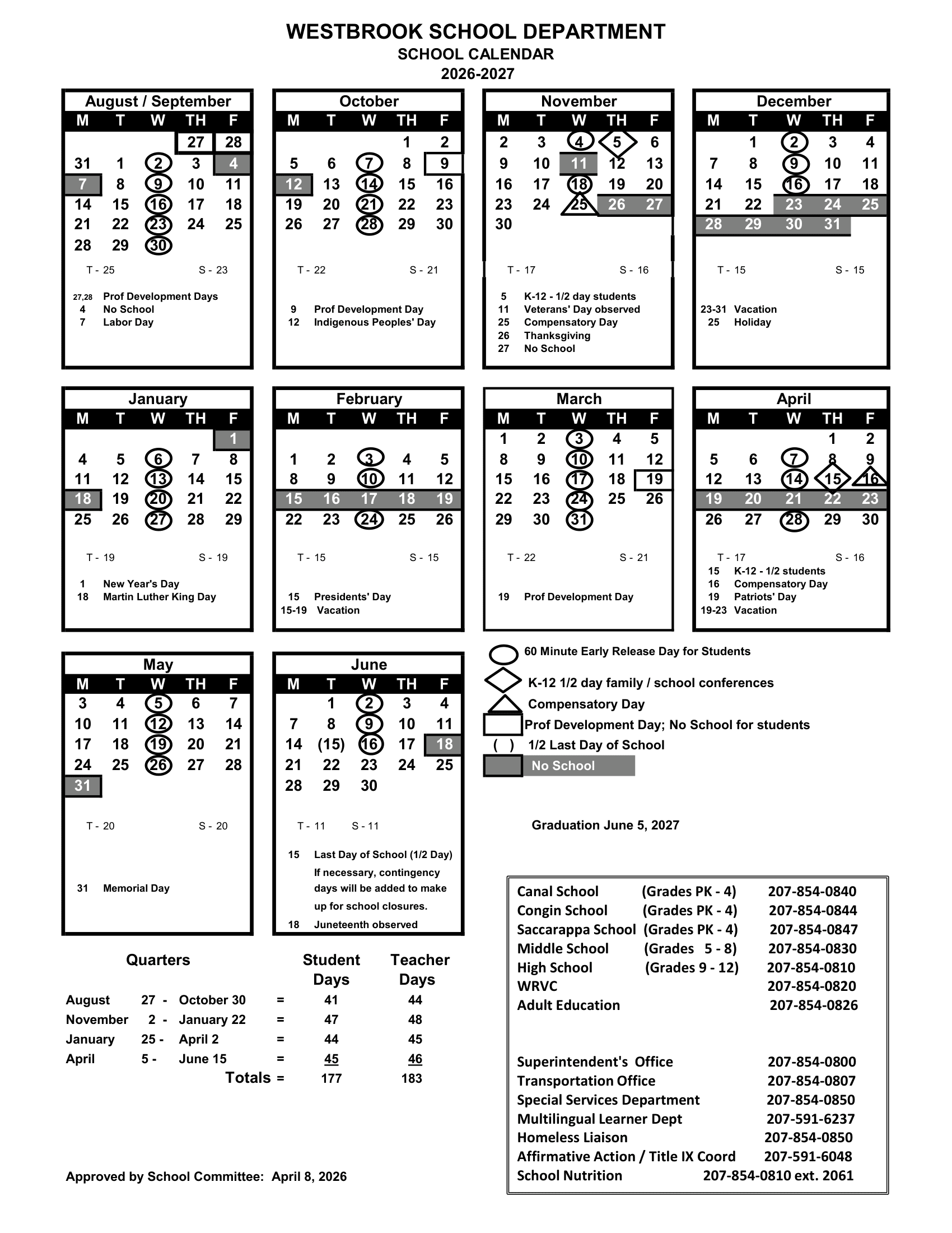 Westbrook School Department Calendar 26-27 Revised