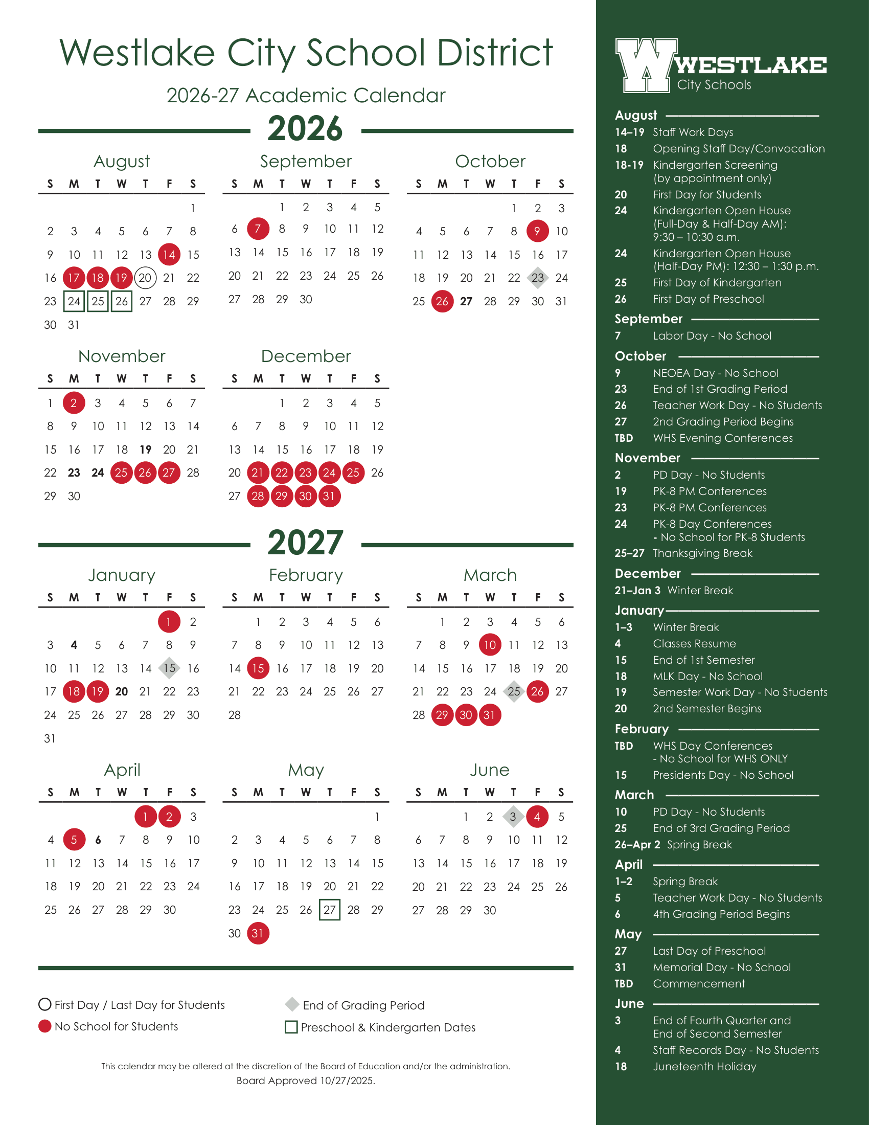 Westlake City School District Calendar 26-27 Revised