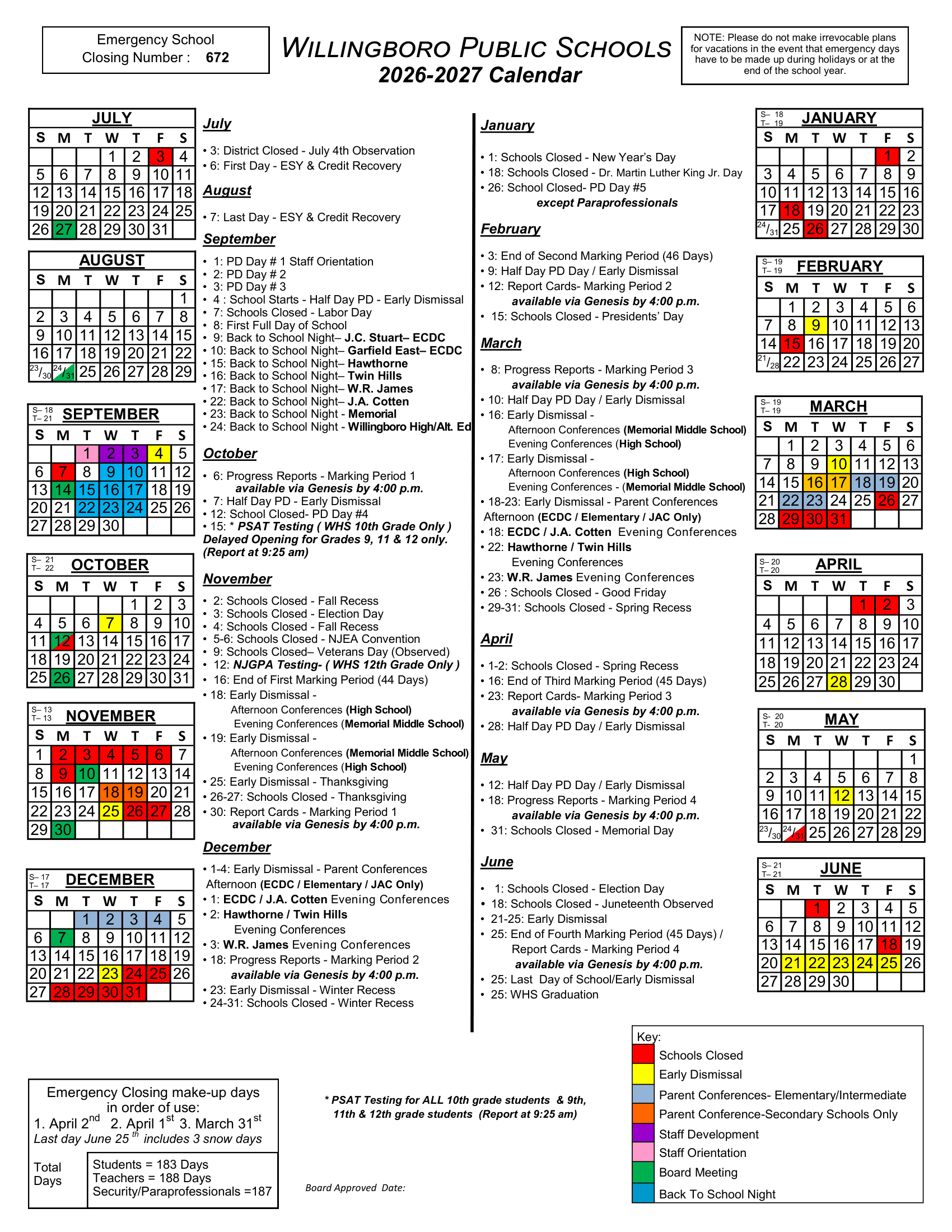 Willingboro Public Schools Calendar 26-27 PDF