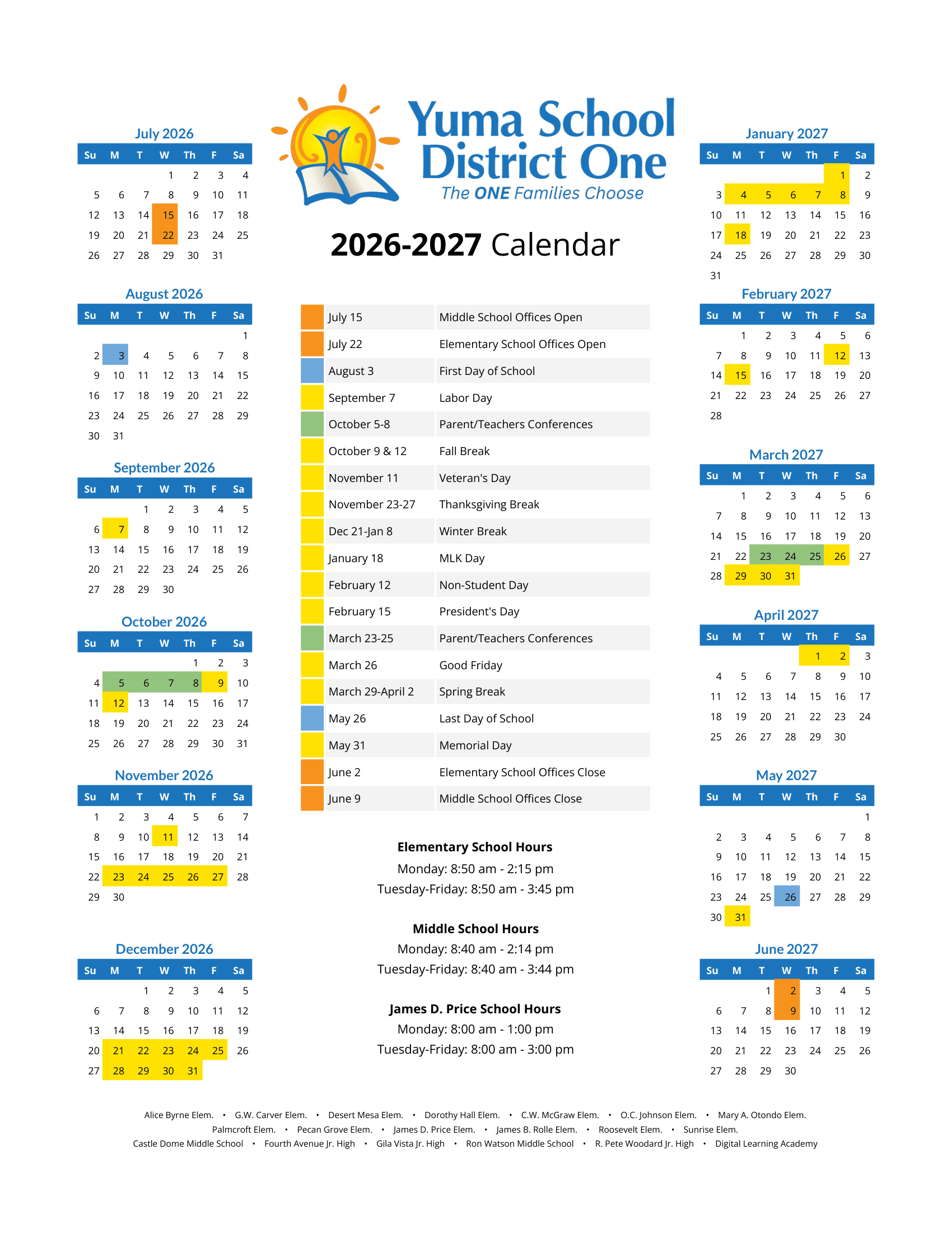 Yuma School District One Calendar 26-27 Revised