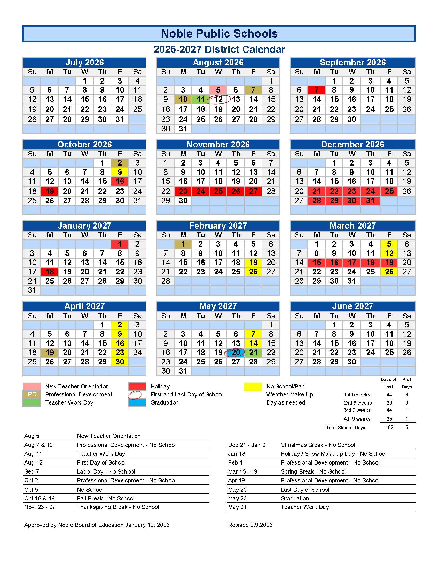 Noble Public Schools Calendar 26-27 Revised