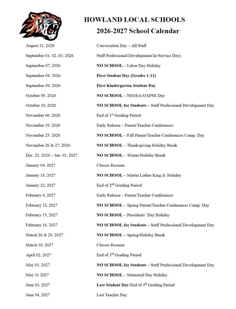 Howland Local Schools Calendar 26-27 Revised