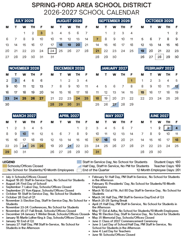 SPRING-FORD AREA SCHOOL DISTRICT Calendar 26-27 Revised