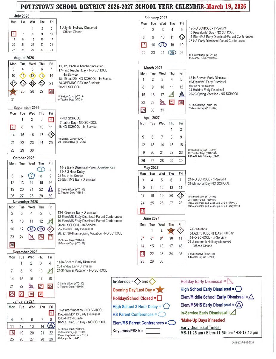 Pottstown School District Calendar 26-27 Revised