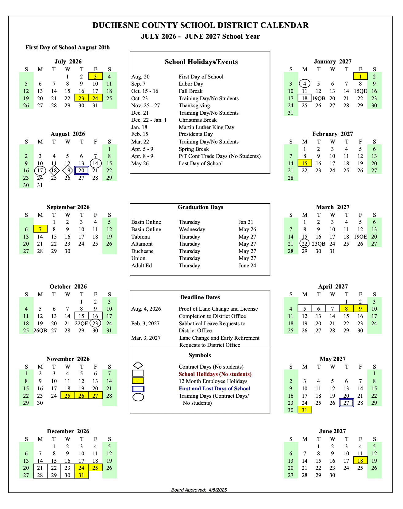 DUCHESNE COUNTY SCHOOL DISTRICT CALENDAR Calendar 26-27 PDF