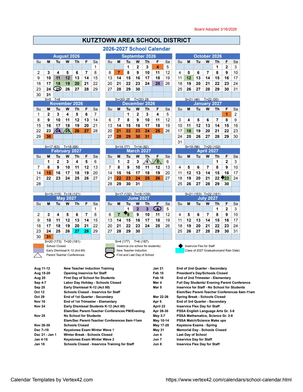 KUTZTOWN AREA SCHOOL DISTRICT Calendar 26-27 pdf