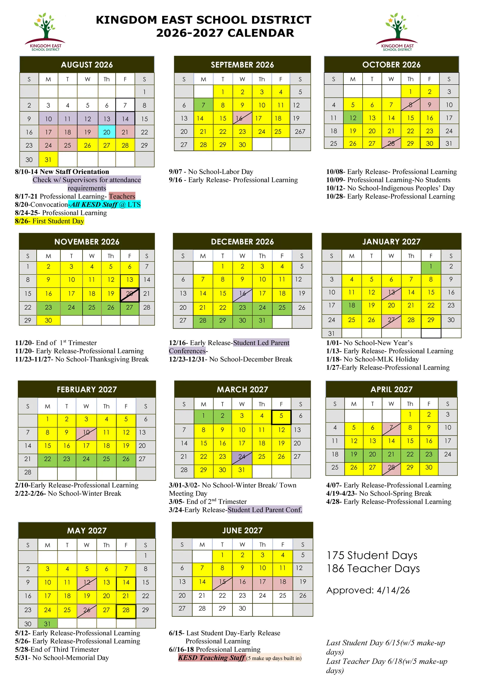Kingdom East School District Calendar 26-27 Revised