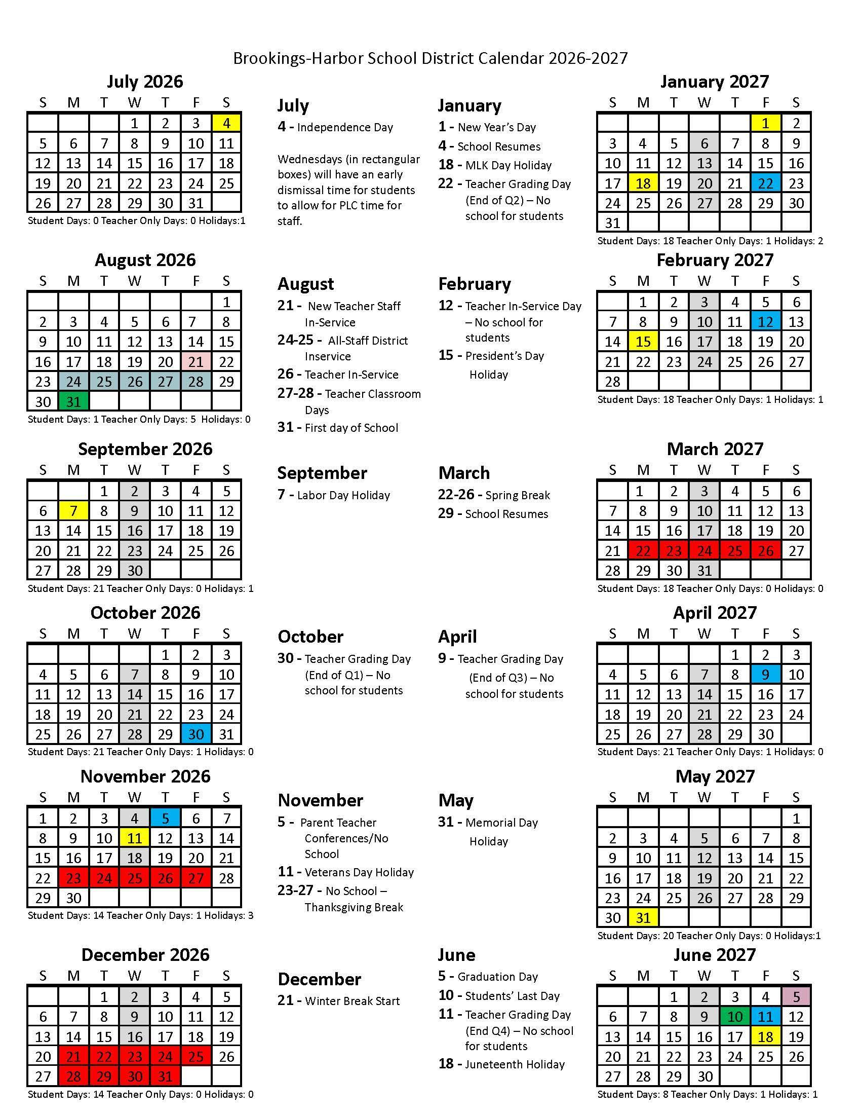 Brookings-Harbor School District Calendar 26-27 PDF