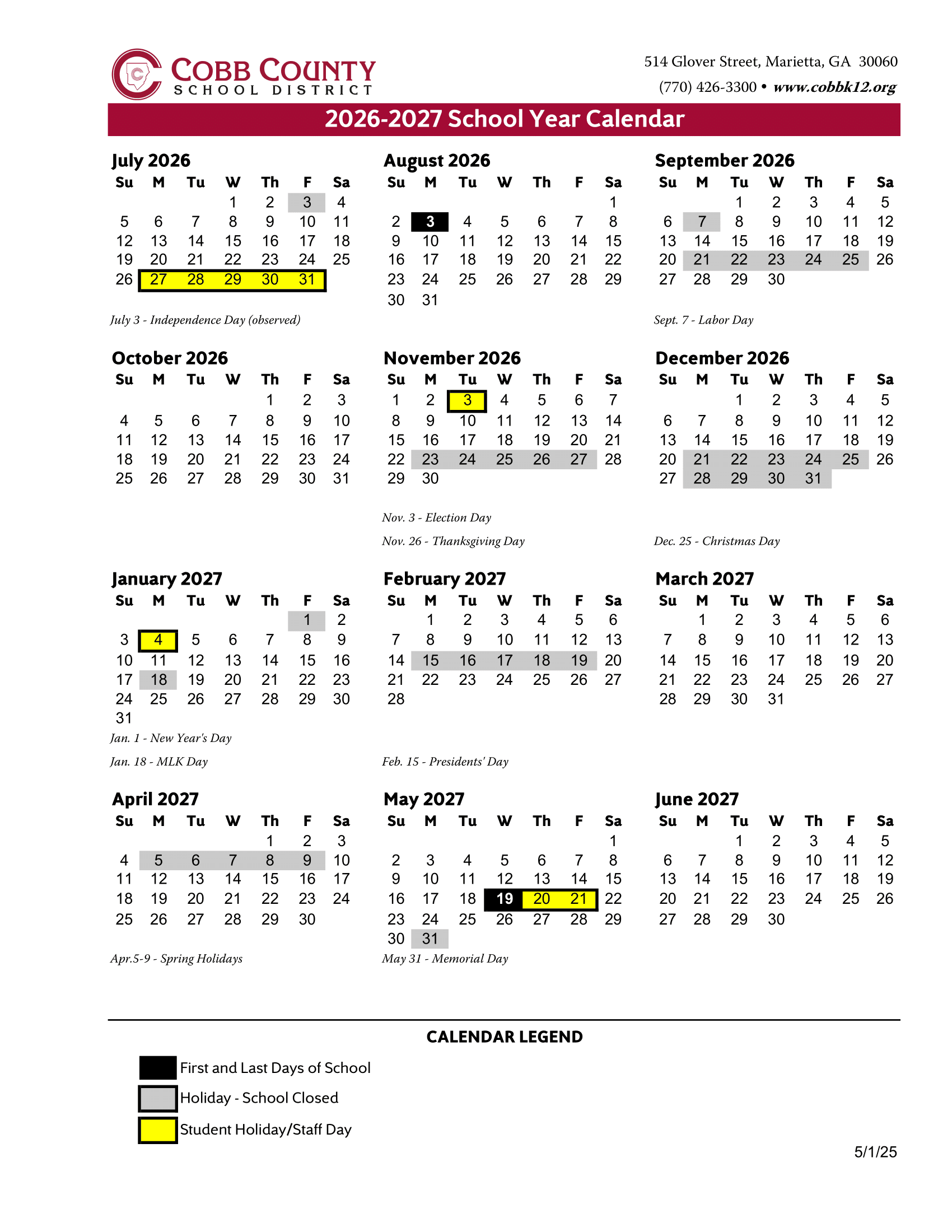 Cobb County School District Calendar 26-27 pdf