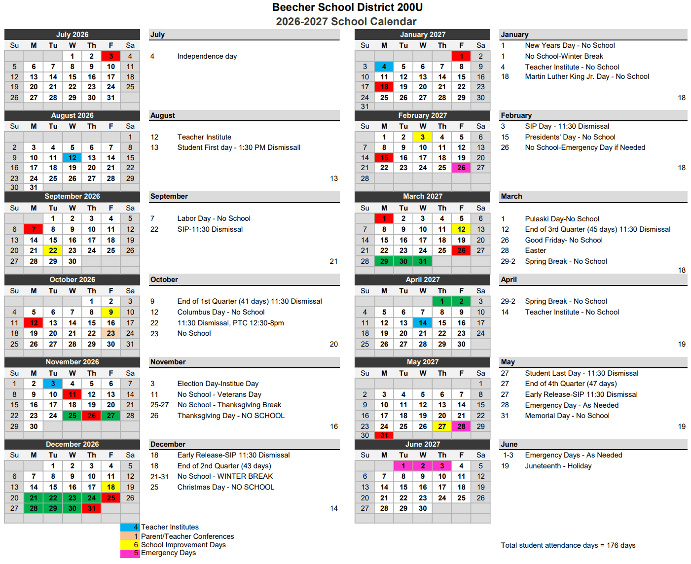 Beecher School District 200U Calendar 26-27 Revised