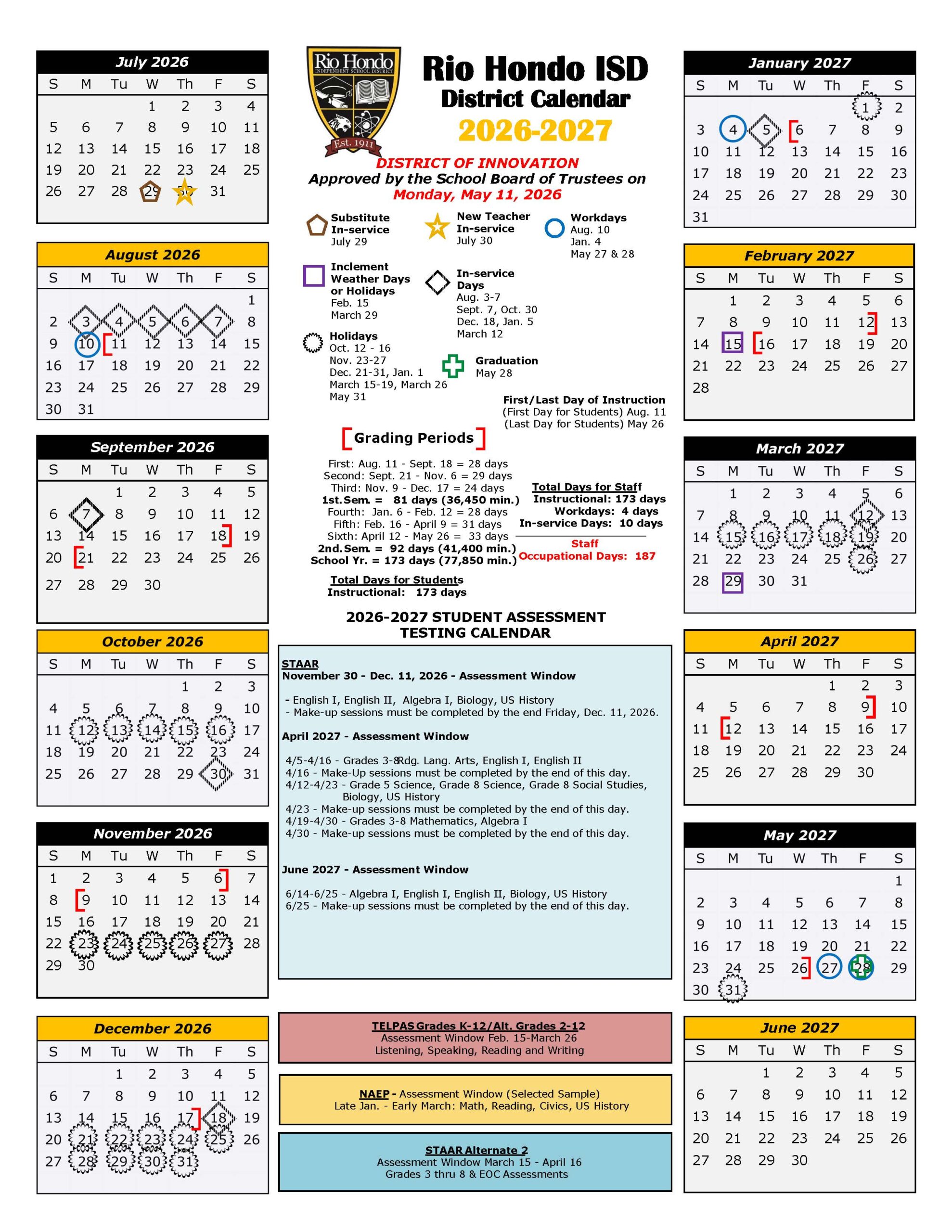 Rio Hondo ISD Calendar 26-27 pdf