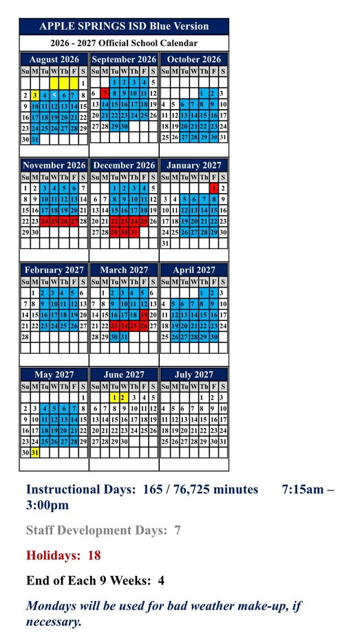 APPLE SPRINGS ISD Blue Version Calendar 26-27 Revised