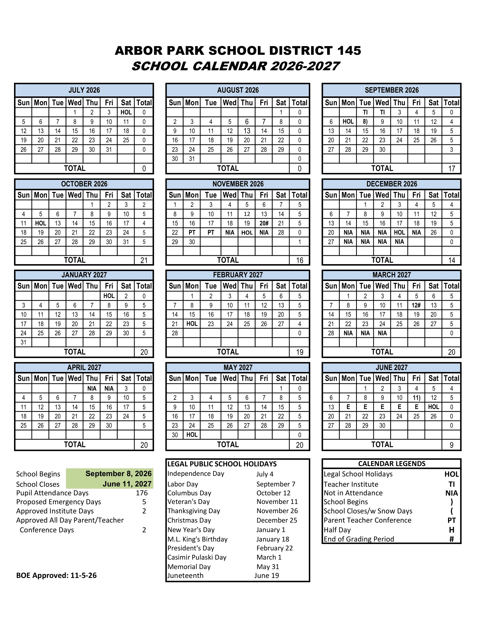ARBOR PARK SCHOOL DISTRICT 145 Calendar 26-27 Revised
