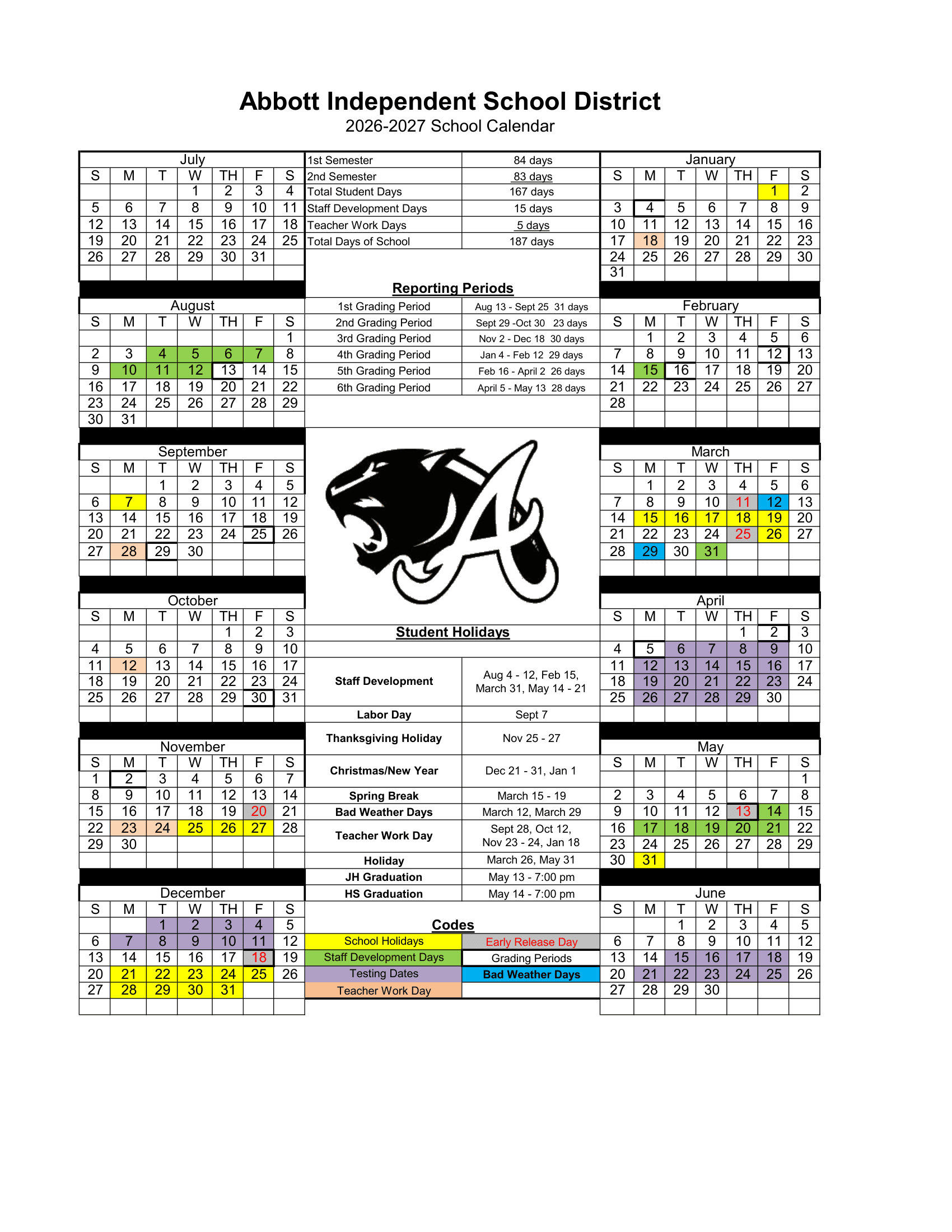 Abbott Independent School District Calendar 26-27 Revised
