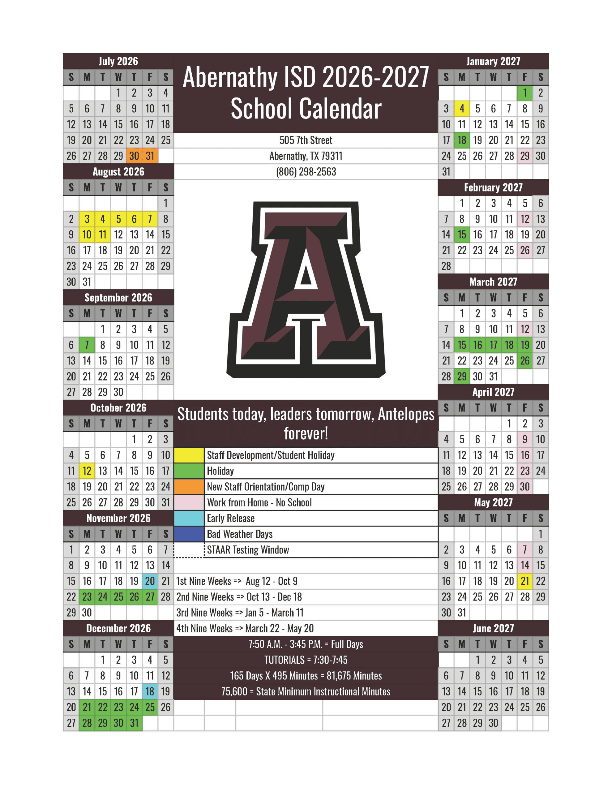 Abernathy ISD Calendar 26-27 Revised