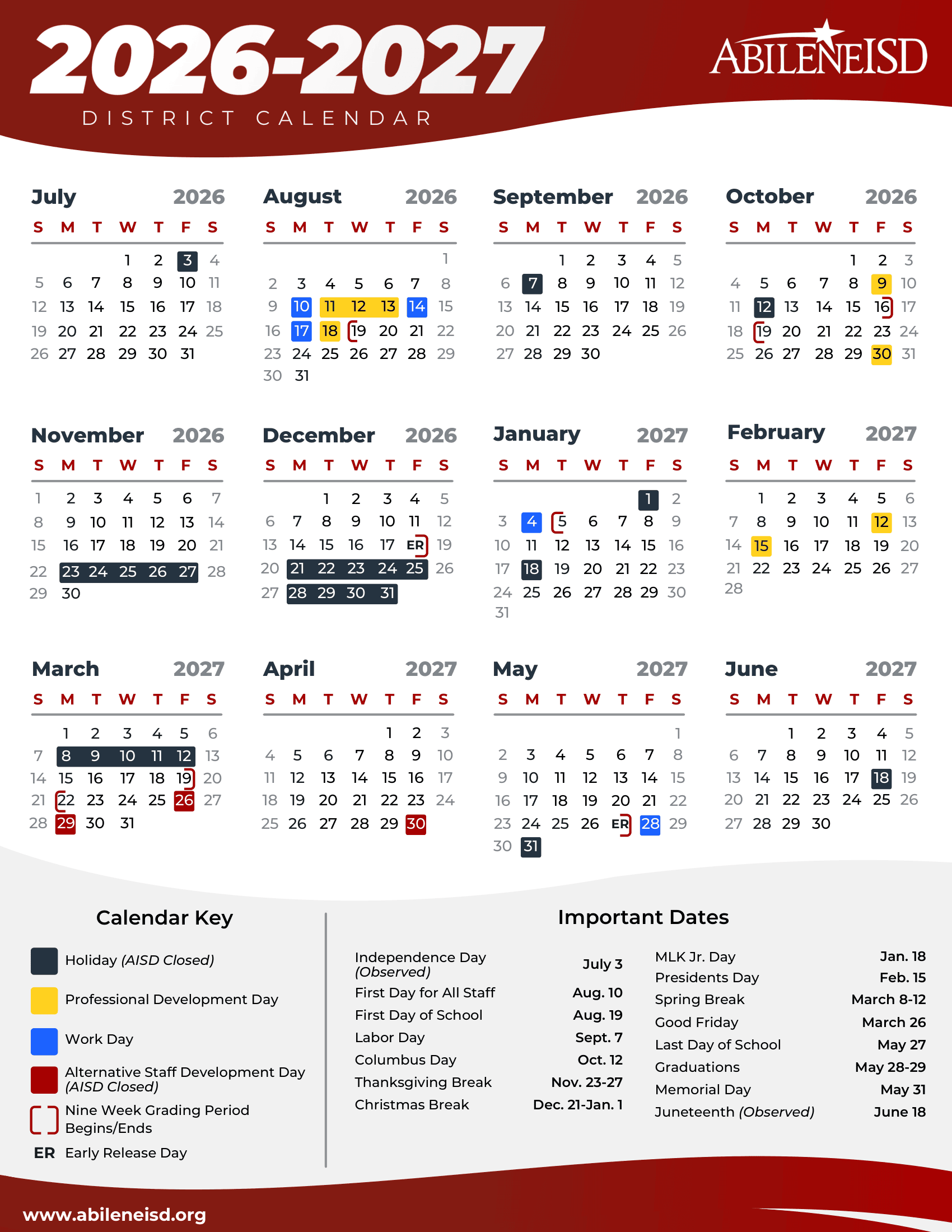 Abilene ISD Calendar 26-27 pdf