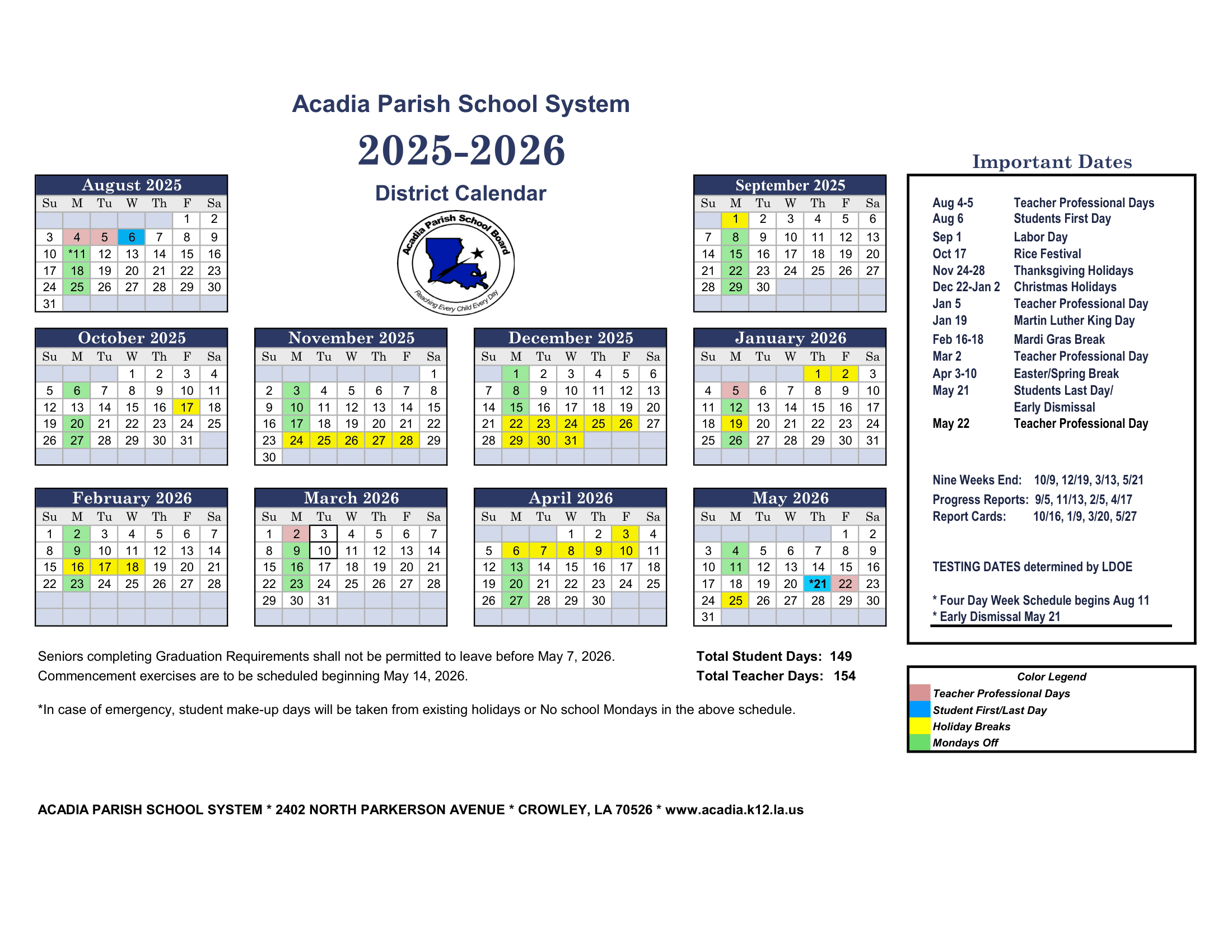 Acadia Parish School System Calendar 25-26 pdf
