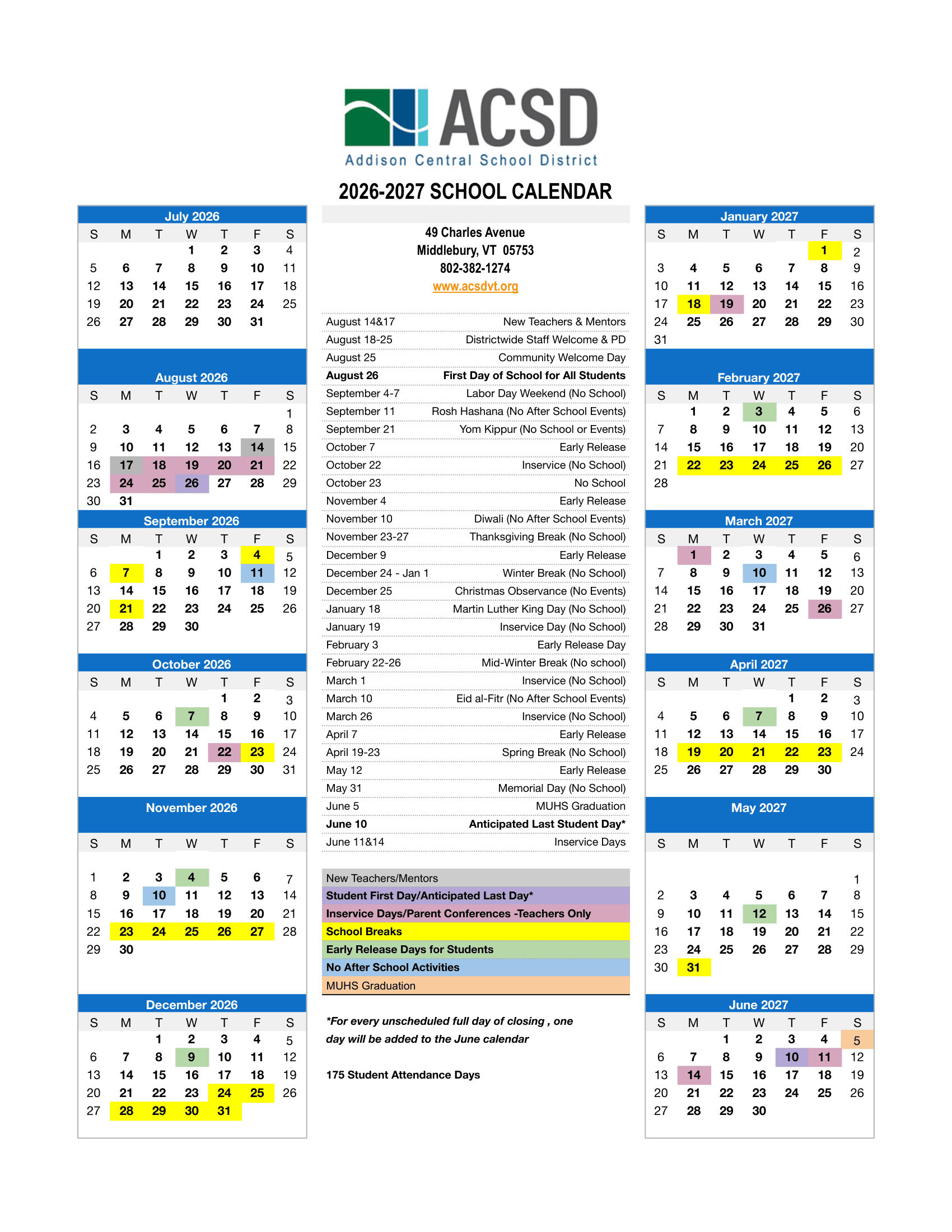 Addison Central School District Calendar 26-27 Revised