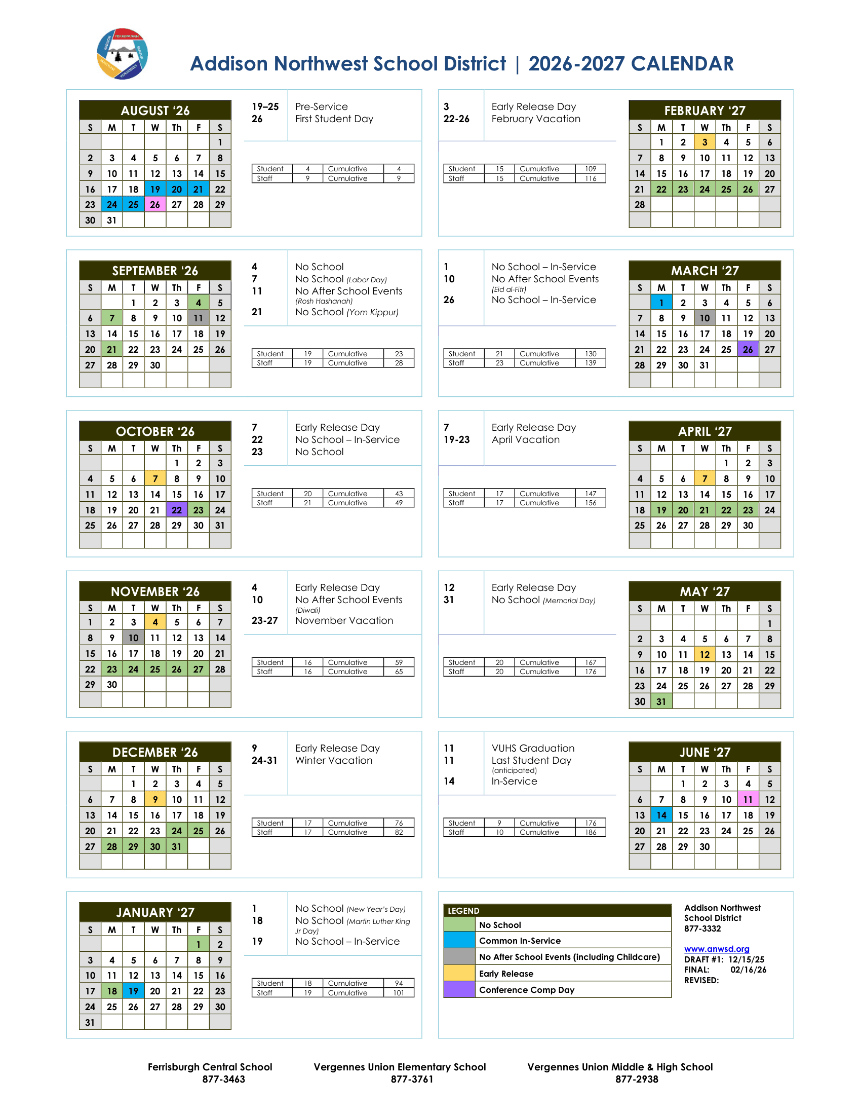 Addison Northwest School District Calendar 26-27 Revised