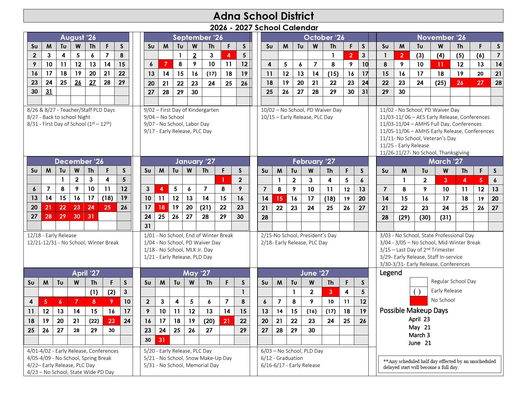 Adna School District Calendar 26-27 pdf