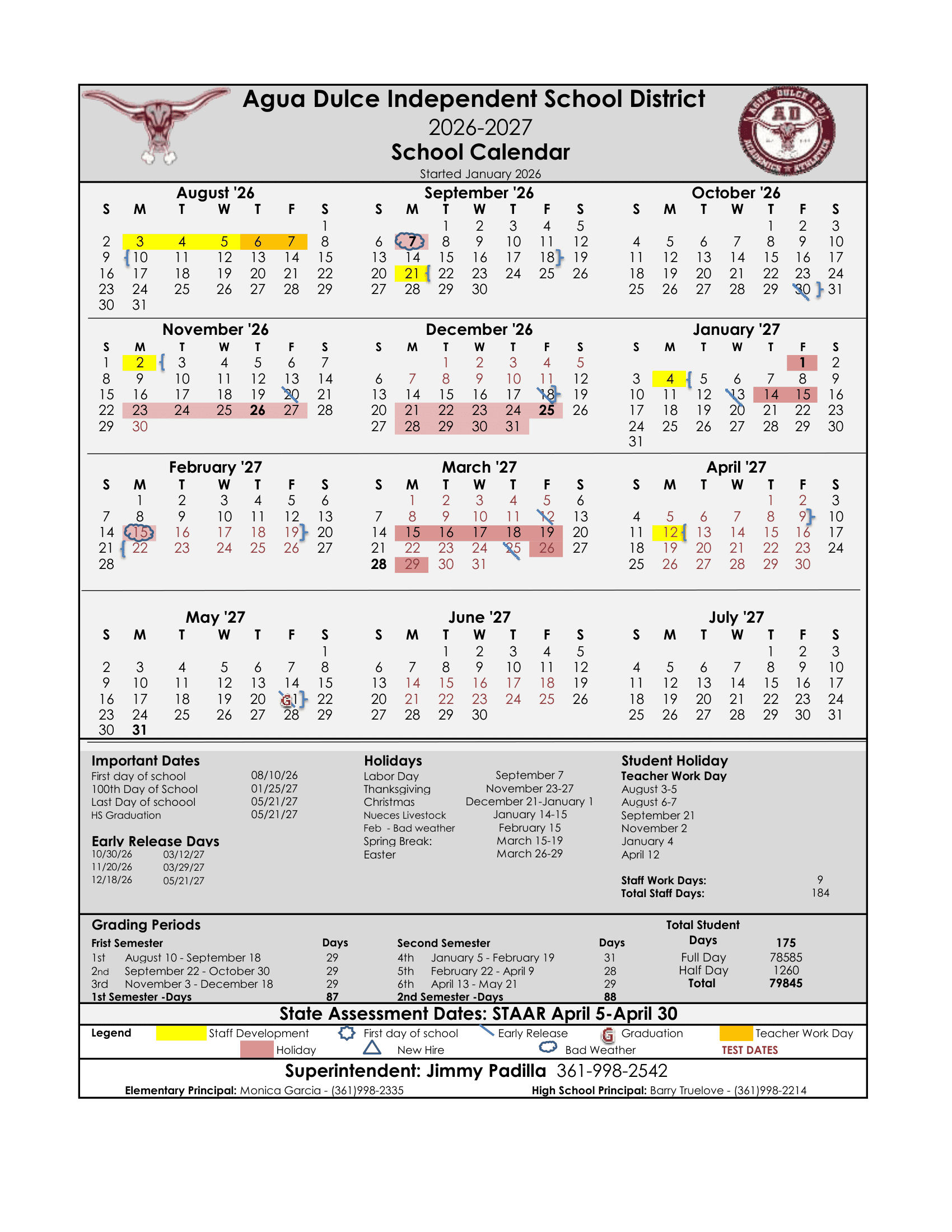 Agua Dulce Independent School District Calendar 26-27 Revised