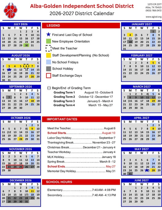 Alba-Golden Independent School District Calendar 26-27 Revised