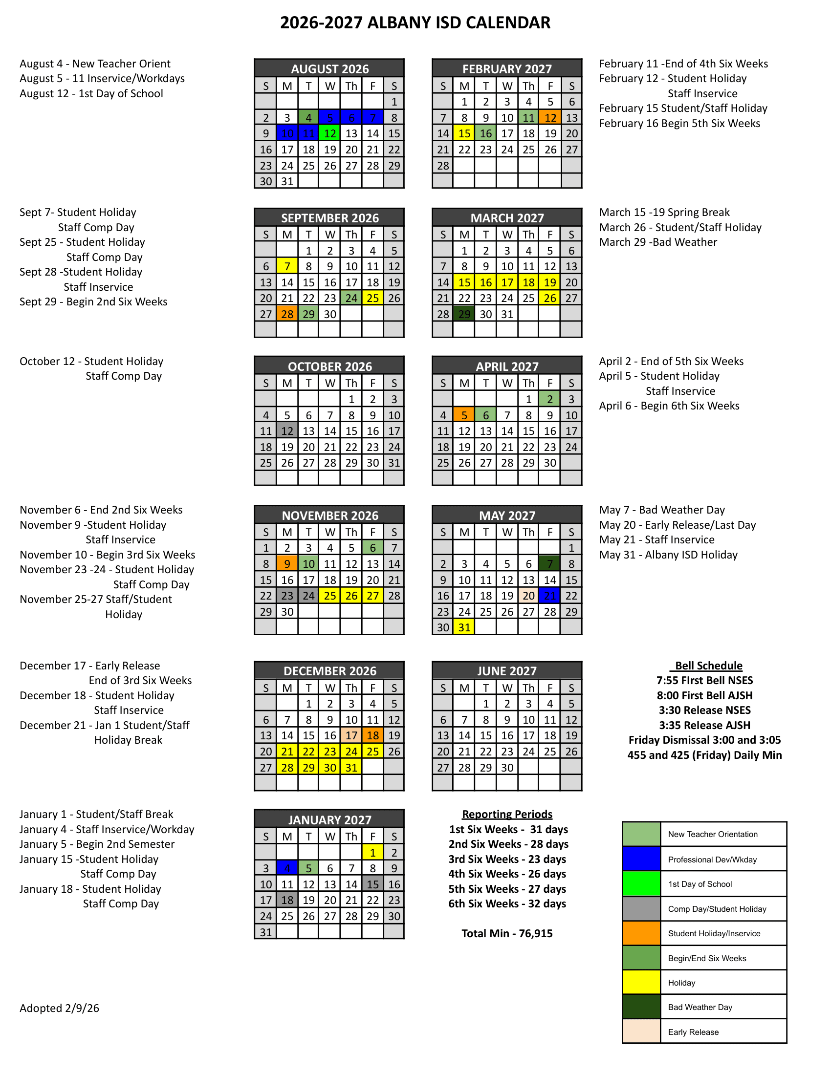 Albany ISD Calendar 26-27 Revised