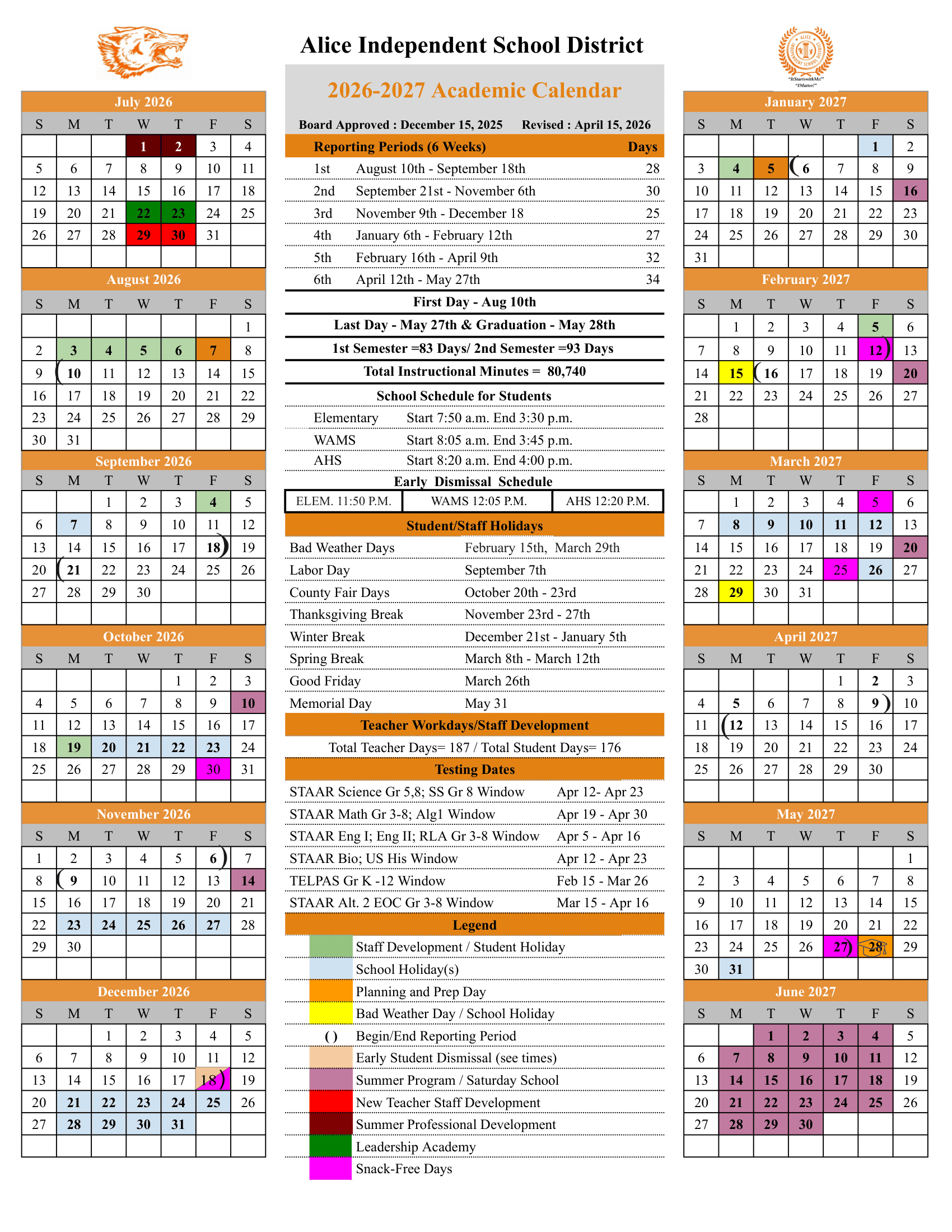 Alice Independent School District Calendar 26-27 pdf