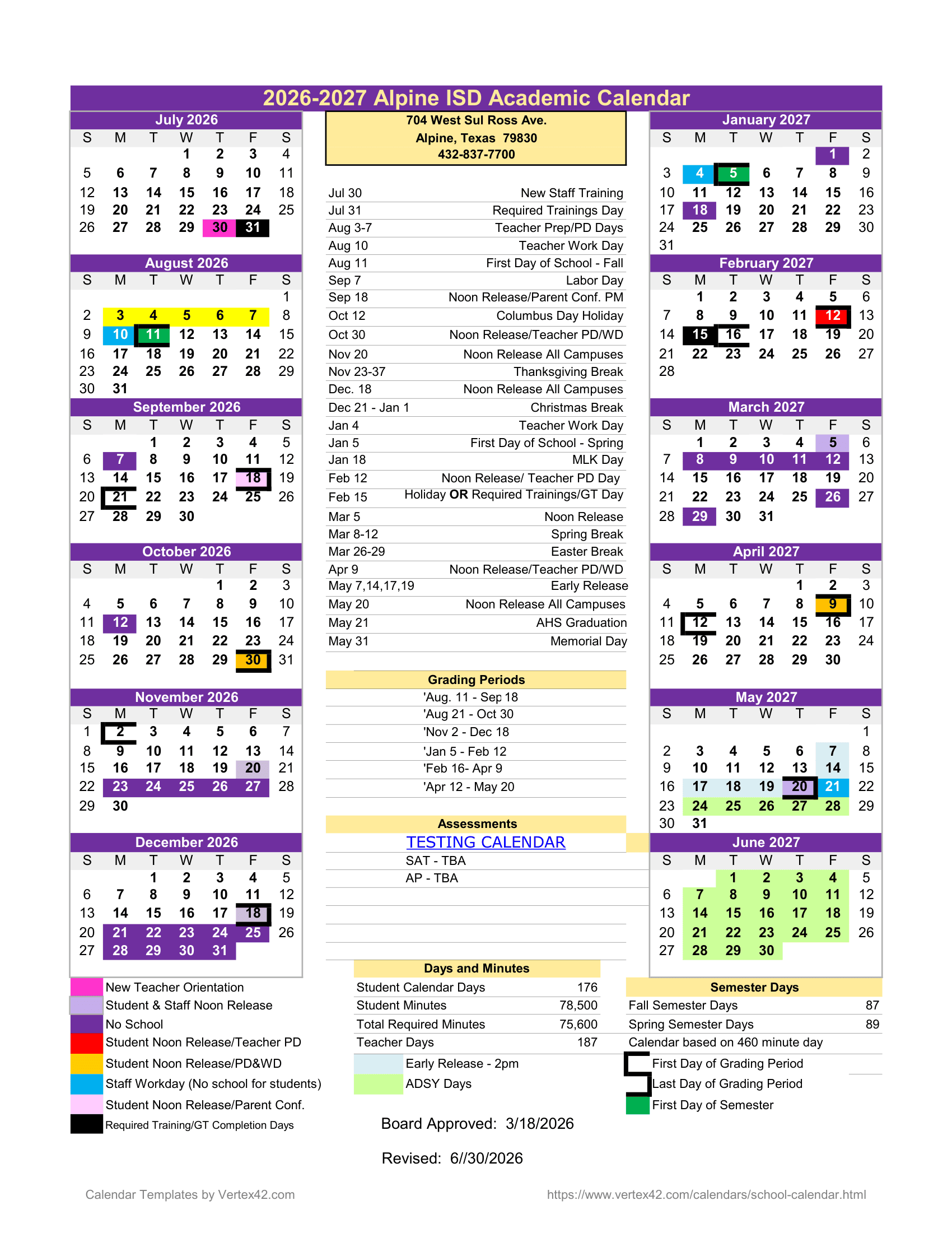 Alpine ISD Calendar 26-27 Revised