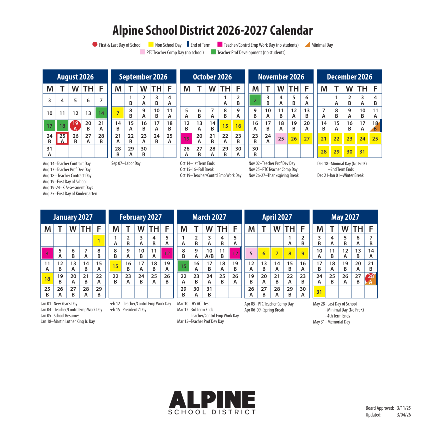 Alpine School District Calendar 26-27 PDF