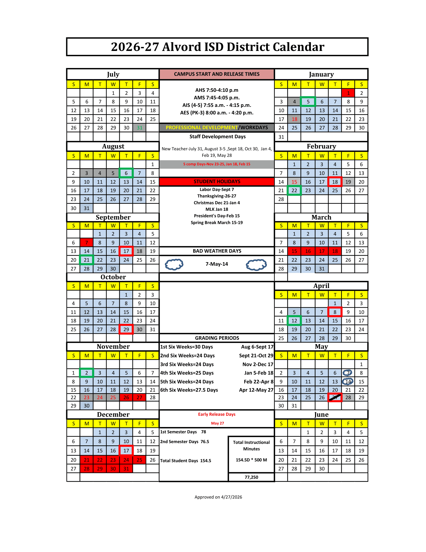 Alvord ISD Calendar 26-27 Revised