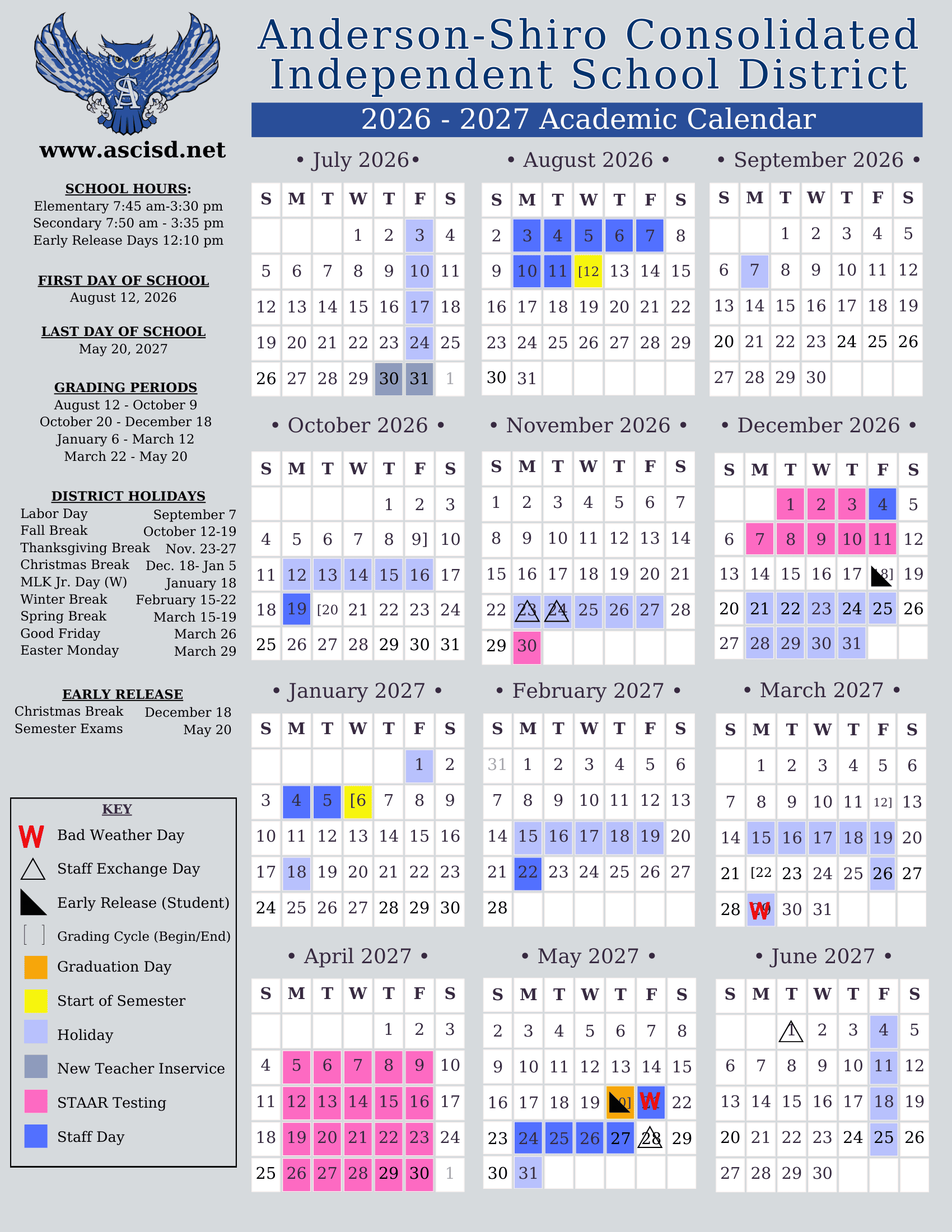 Anderson-Shiro Consolidated Independent School District Calendar 26-27 Revised