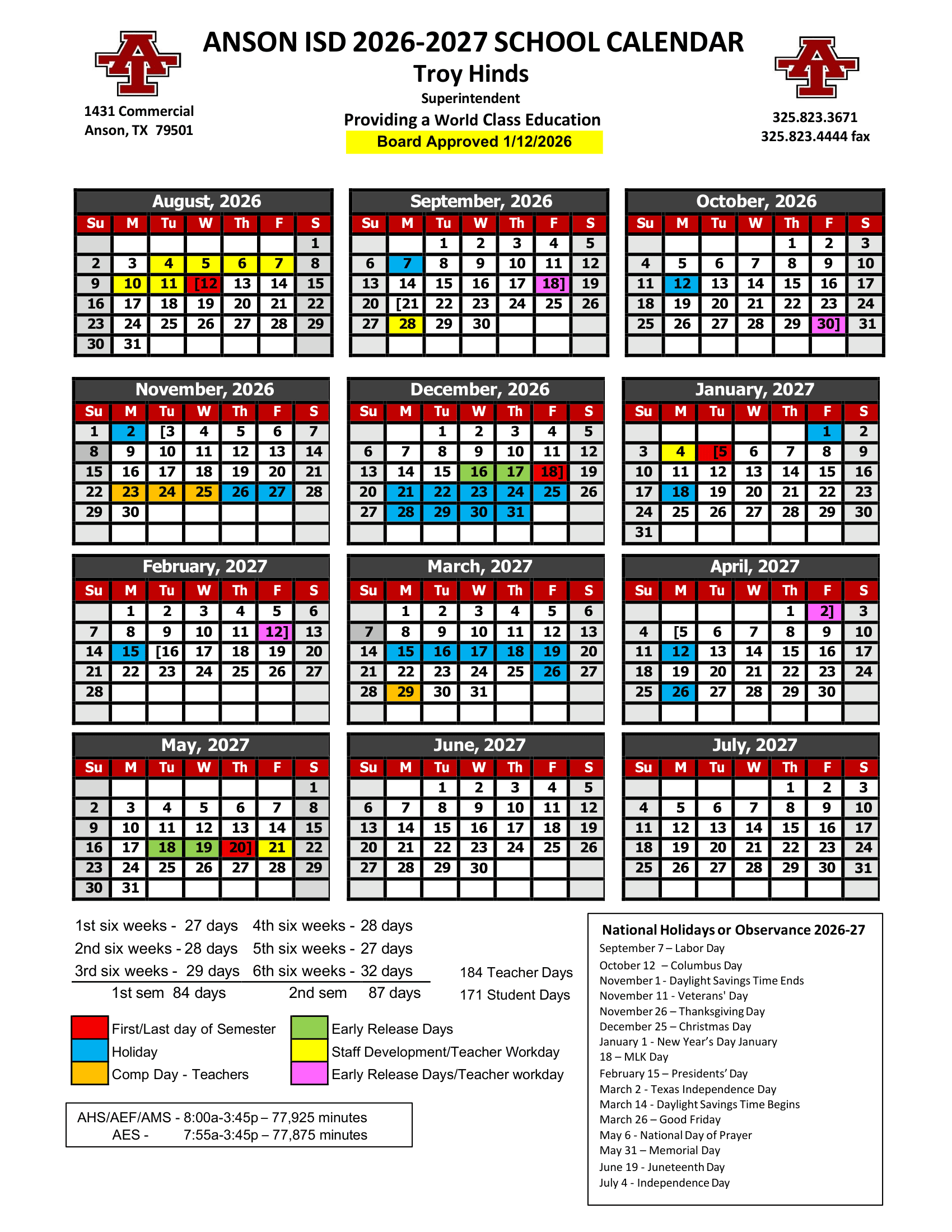 Anson ISD Calendar 26-27 Revised