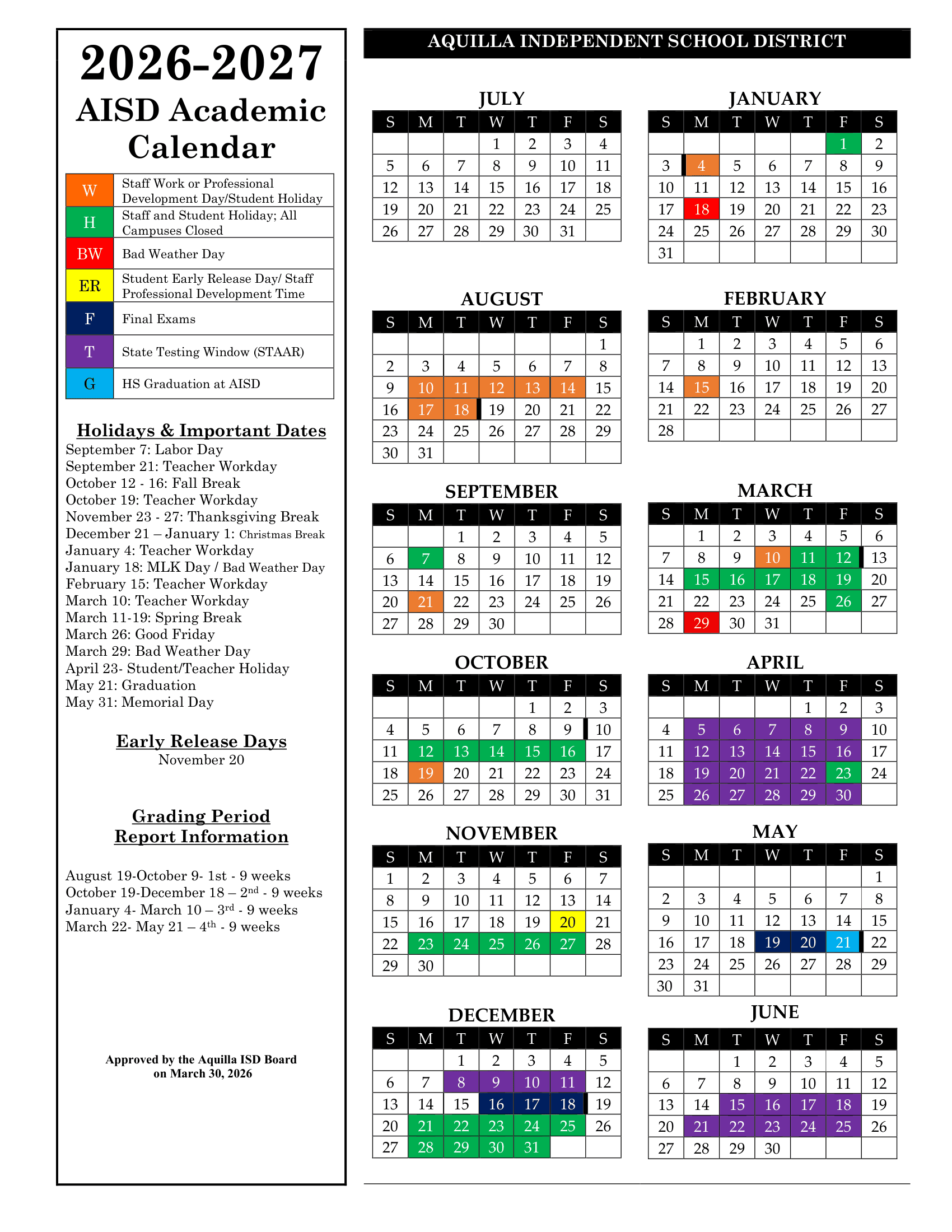 Aquilla Independent School District Calendar 26-27 Revised