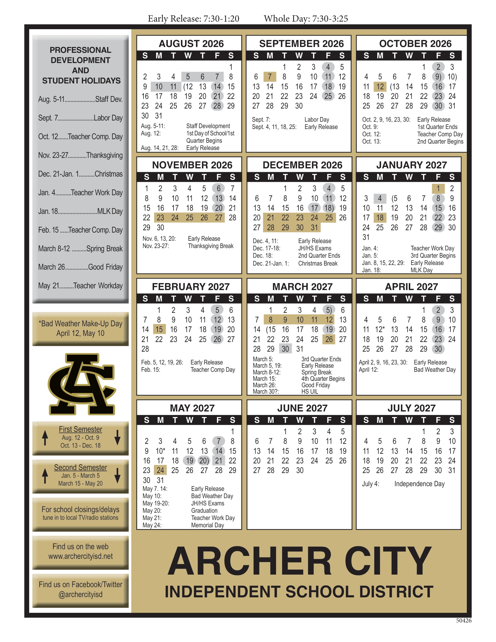 Archer City Independent School District Calendar 26-27 Revised