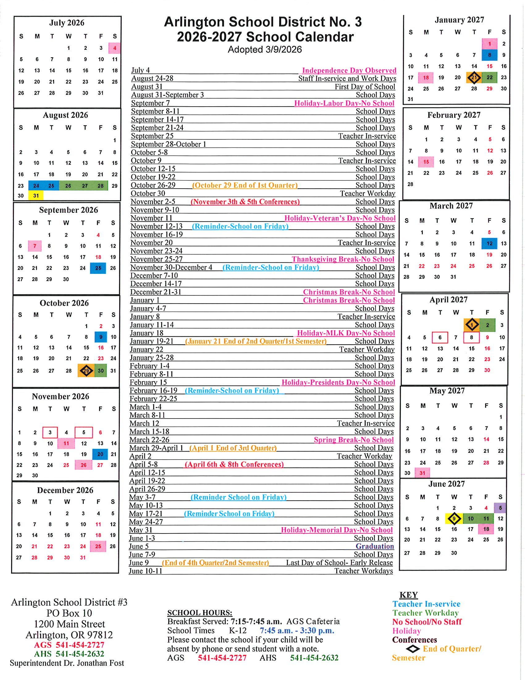 Arlington School District No. 3 Calendar 26-27 PDF