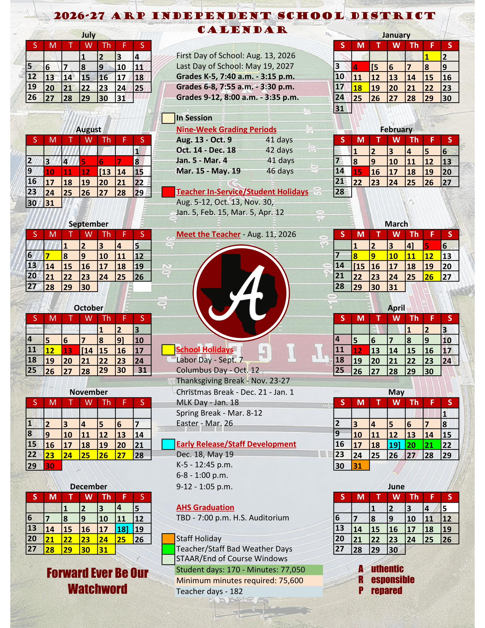 Arp Independent School District Calendar 26-27 Revised