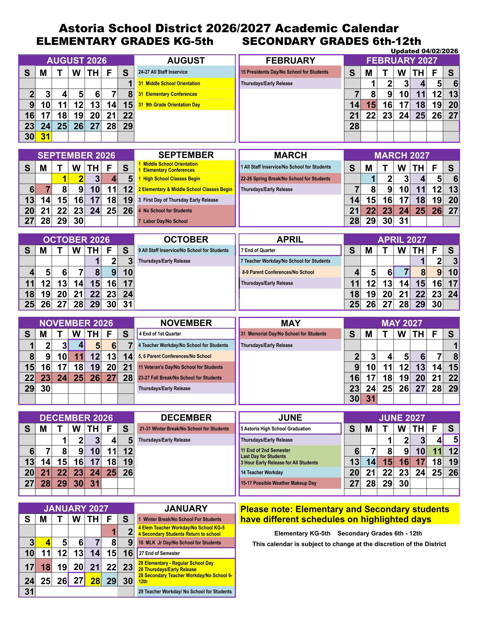 Astoria School District Calendar 26-27 PDF