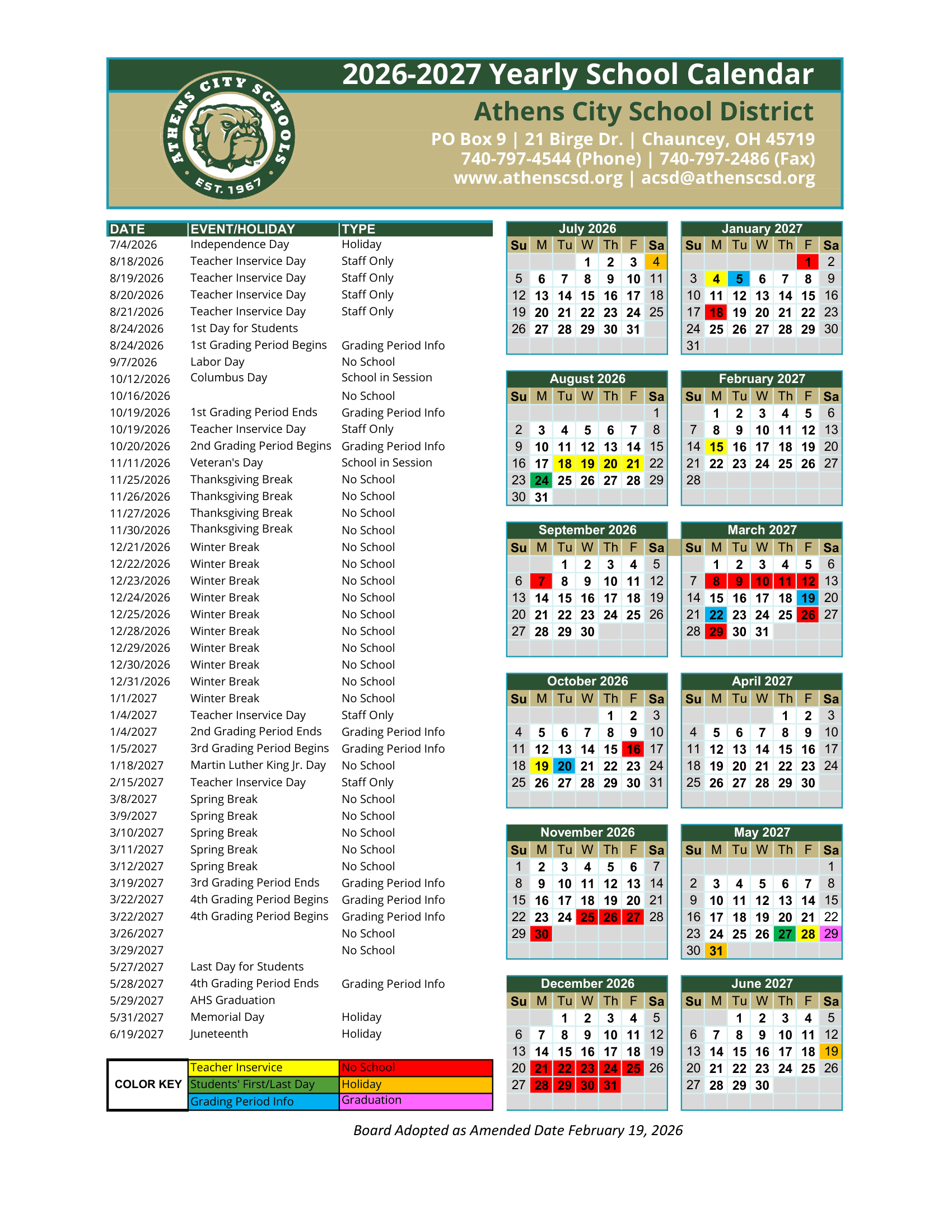 Athens City School District Calendar 26-27 pdf