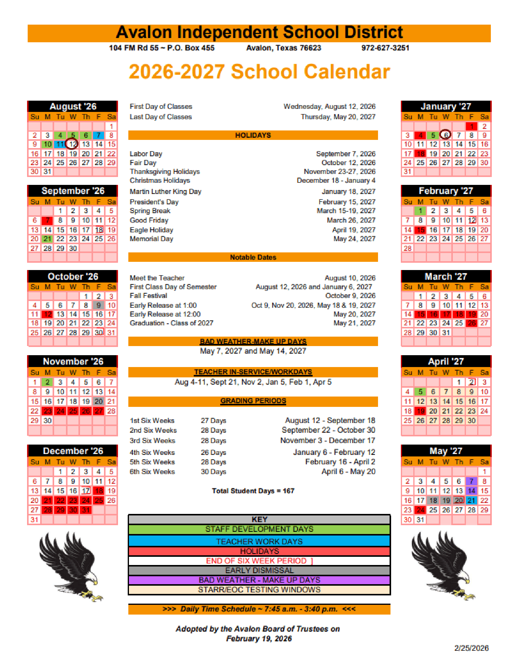 Avalon Independent School District Calendar 26-27 Revised