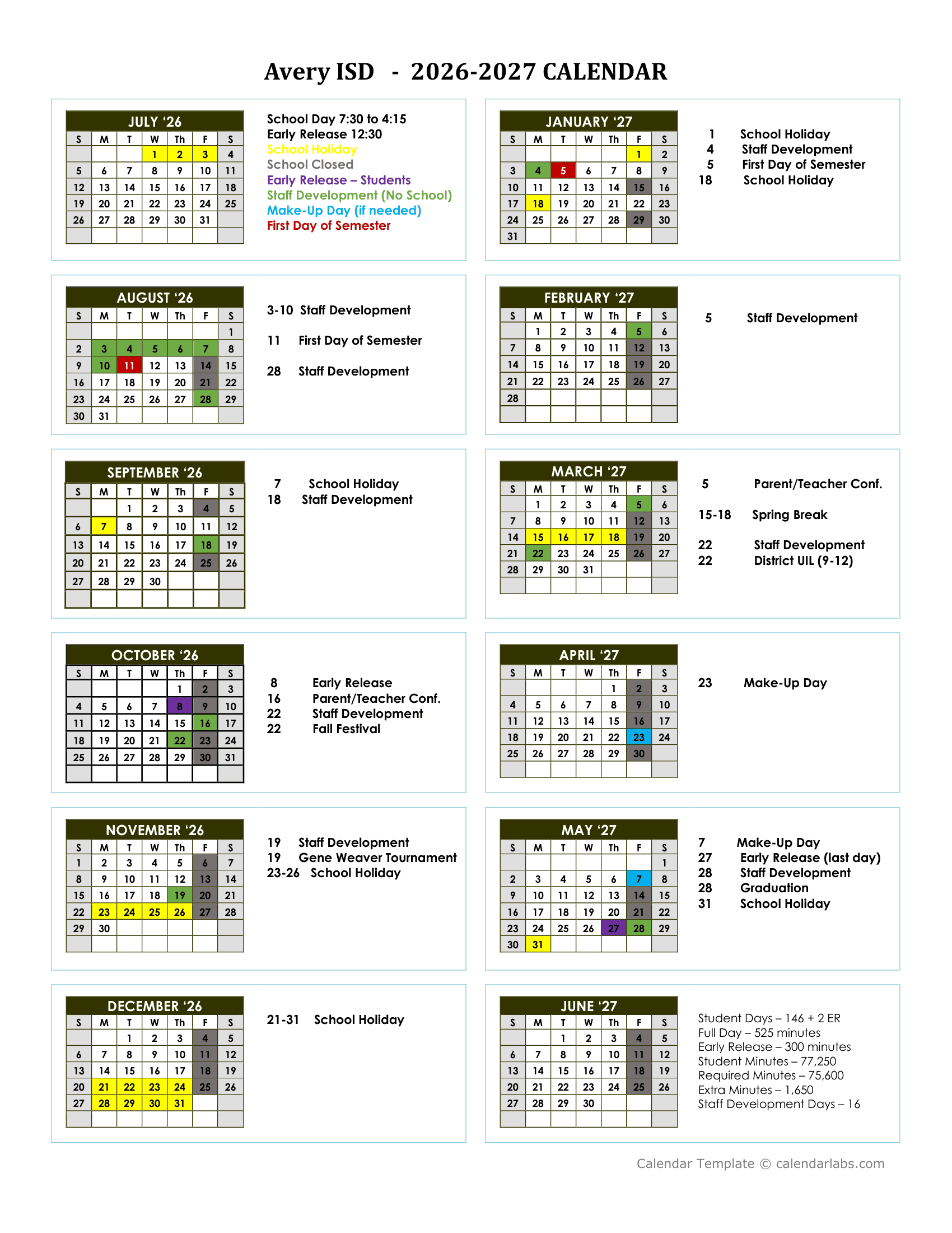 Avery ISD Calendar 26-27 Revised