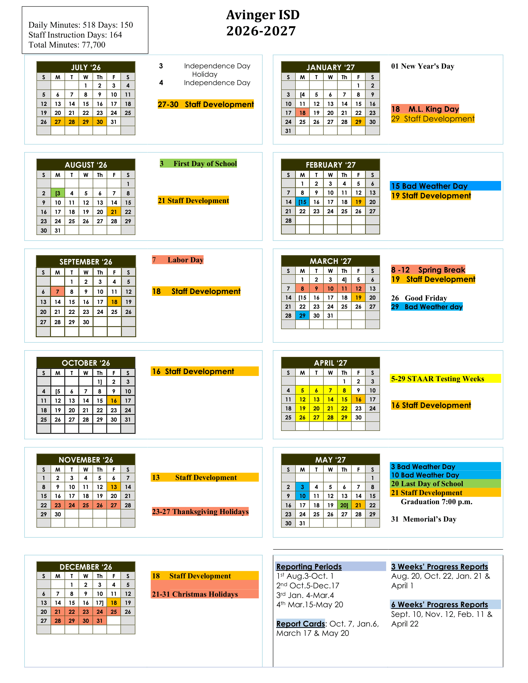 Avinger ISD Calendar 26-27 Revised