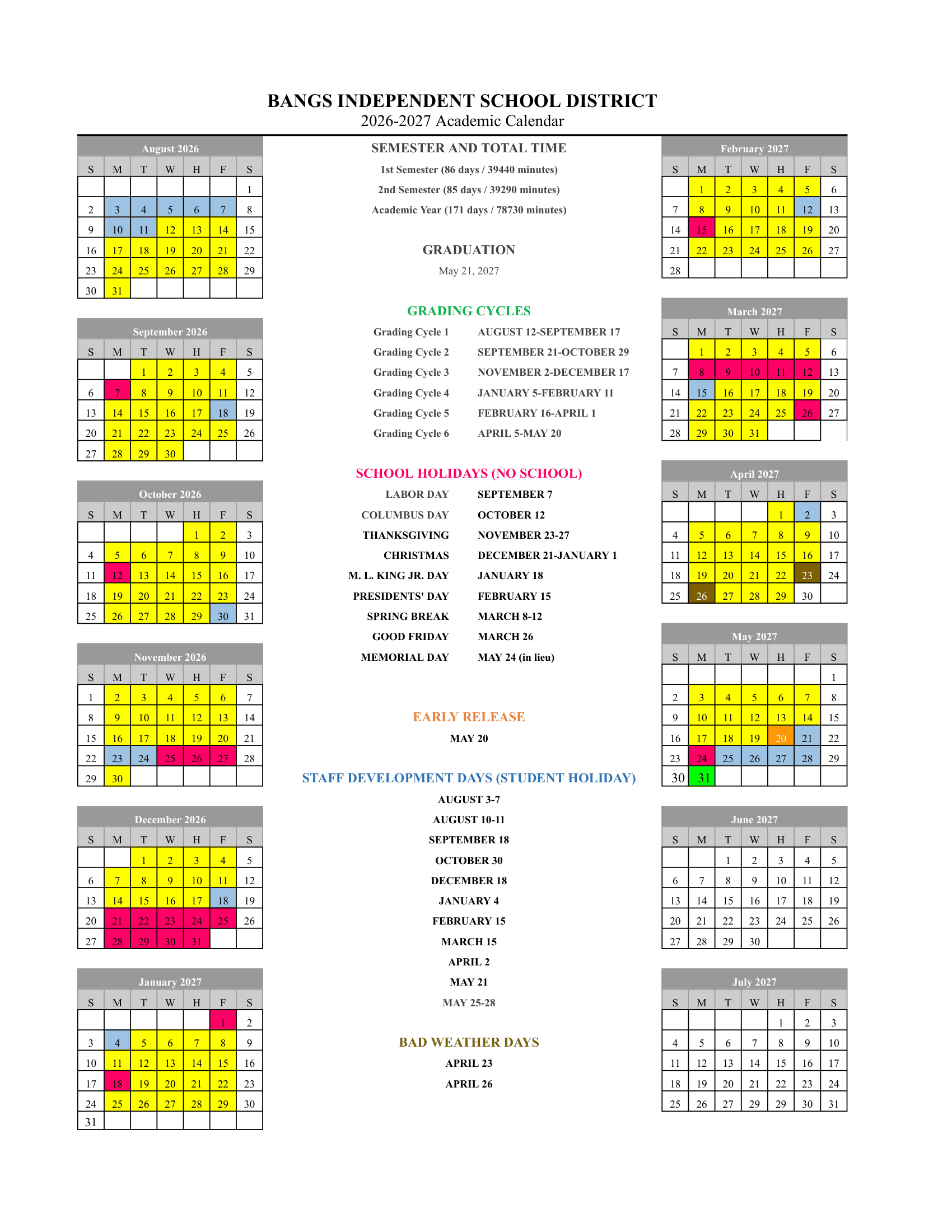BANGS INDEPENDENT SCHOOL DISTRICT Calendar 26-27 Revised
